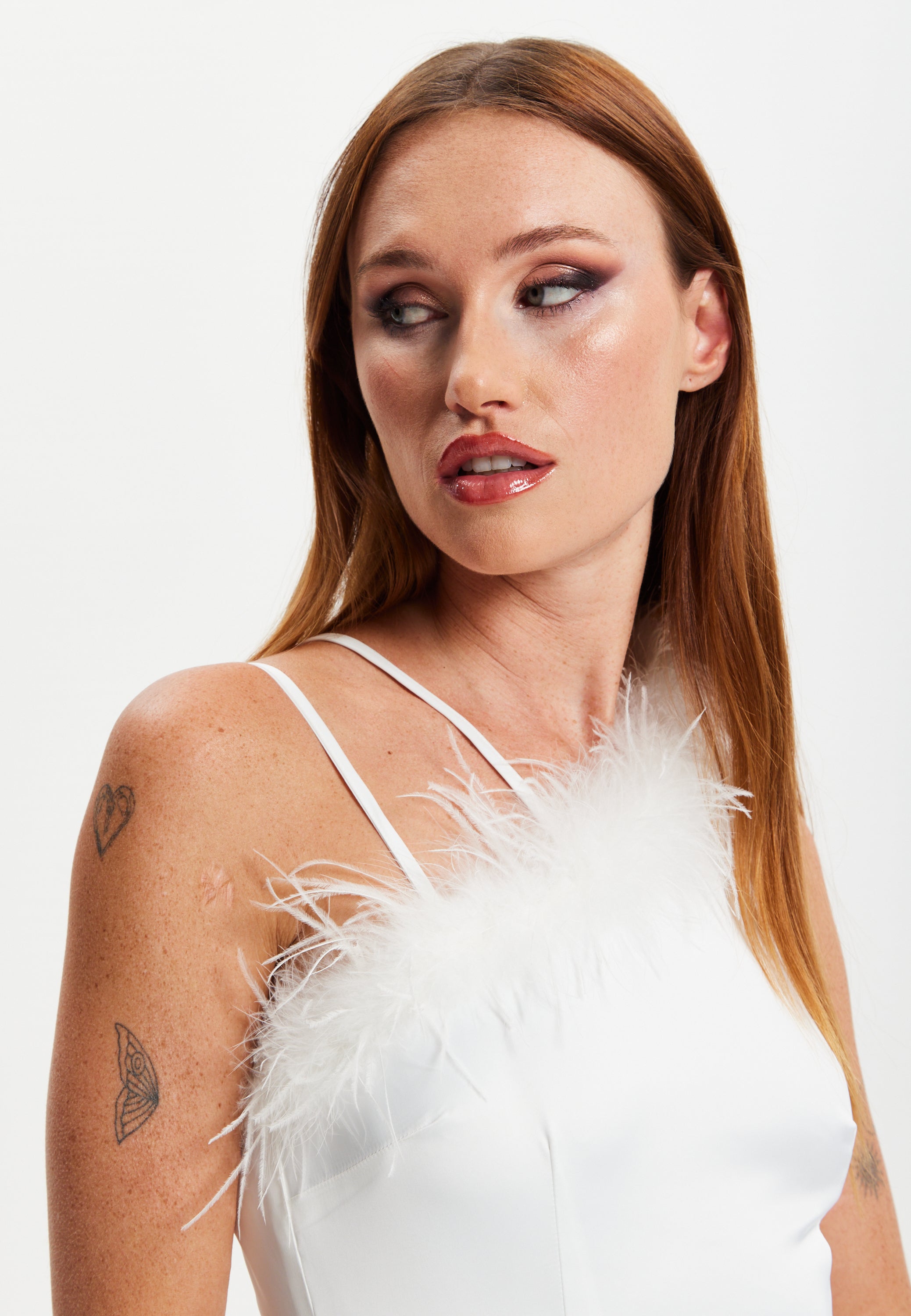Women's Mini Dress with Asymmetric One Shoulder and Feather Detail in White - Liquorish
