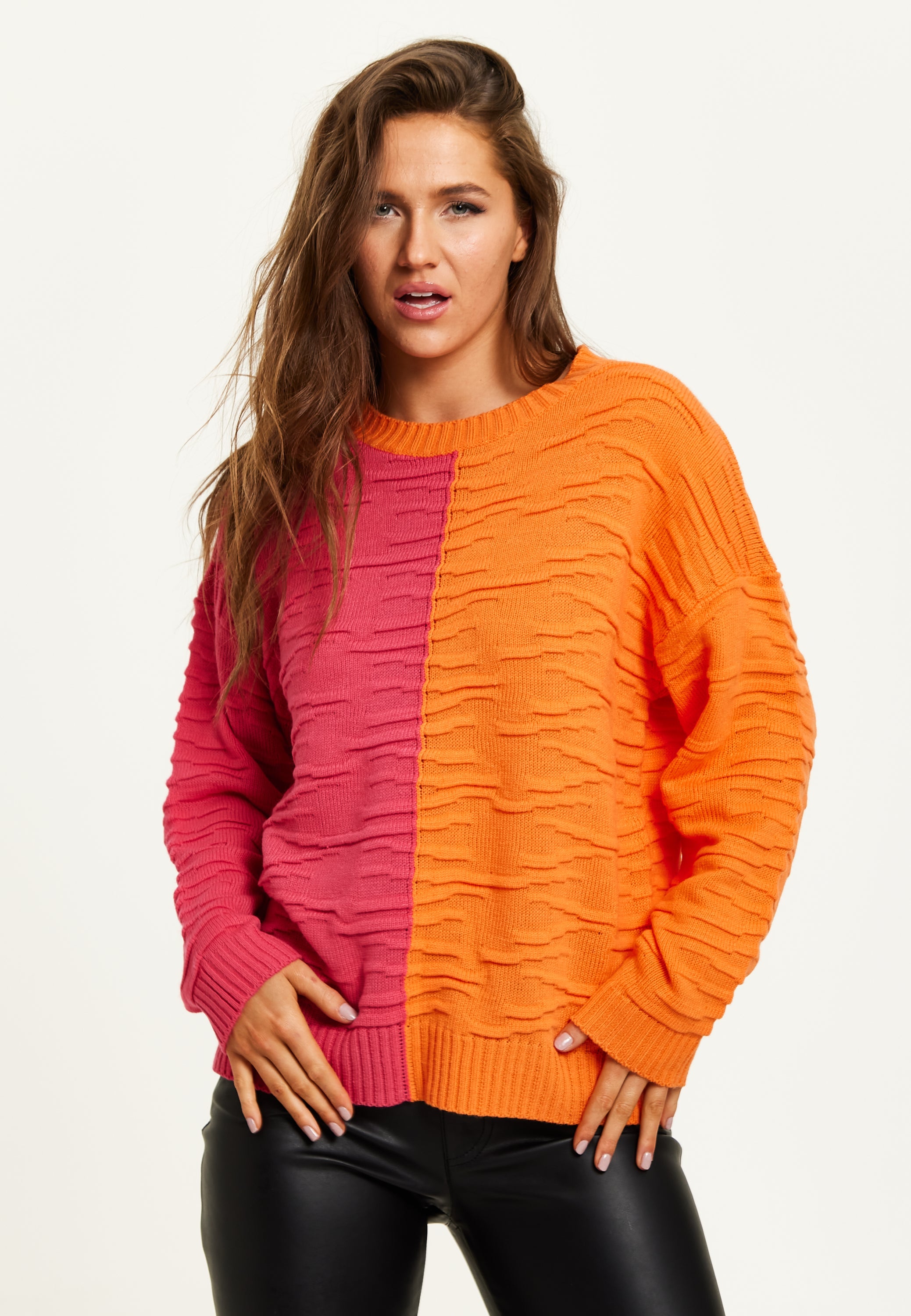 Women's Jumper with Long Sleeves in Vibrant Orange and Pink - Liquorish Colour Block Design for Comfort and Style