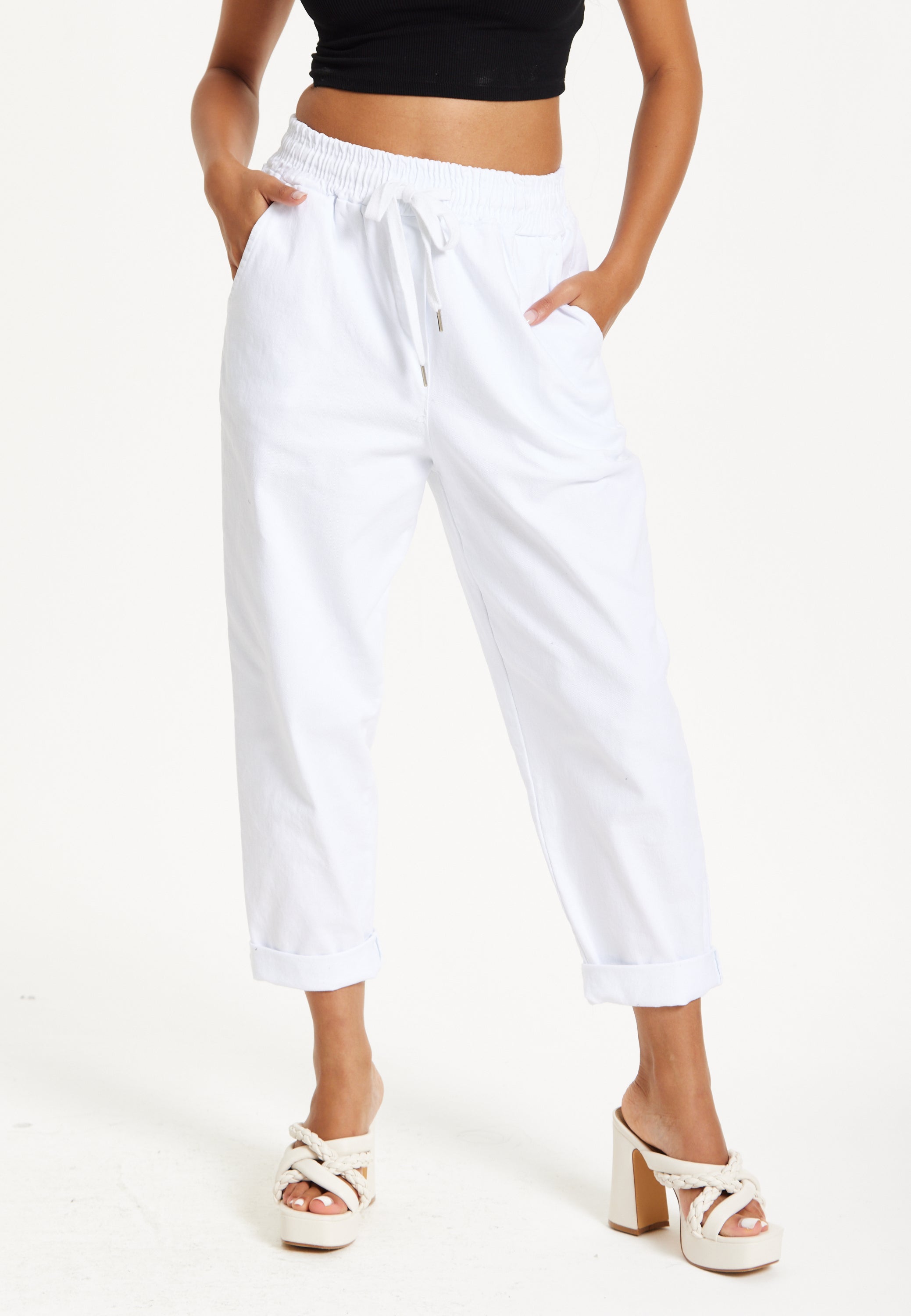 White Cropped Drawstring Trousers