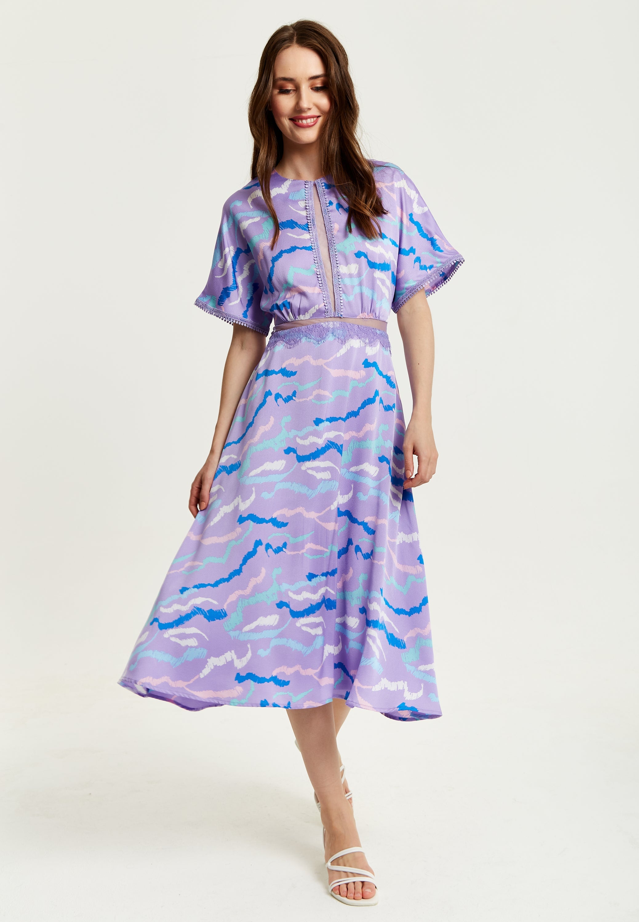 Women's Midi Dress with Mesh Detail in Lilac - Abstract Zebra Print, Short Sleeves, Stylish and Chic by Liquorish
