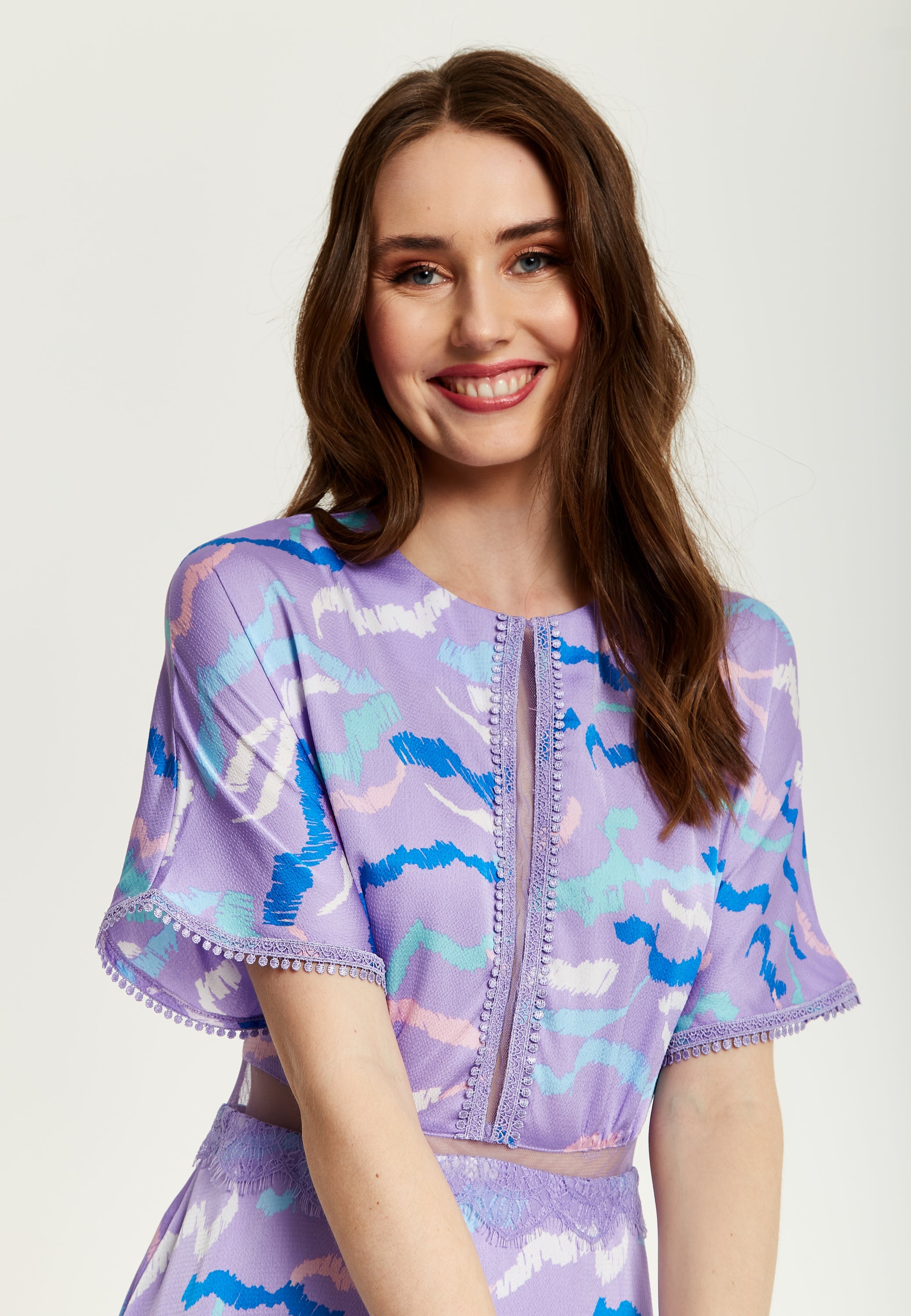 Women's Midi Dress with Mesh Detail in Lilac - Abstract Zebra Print, Short Sleeves, Stylish and Chic by Liquorish