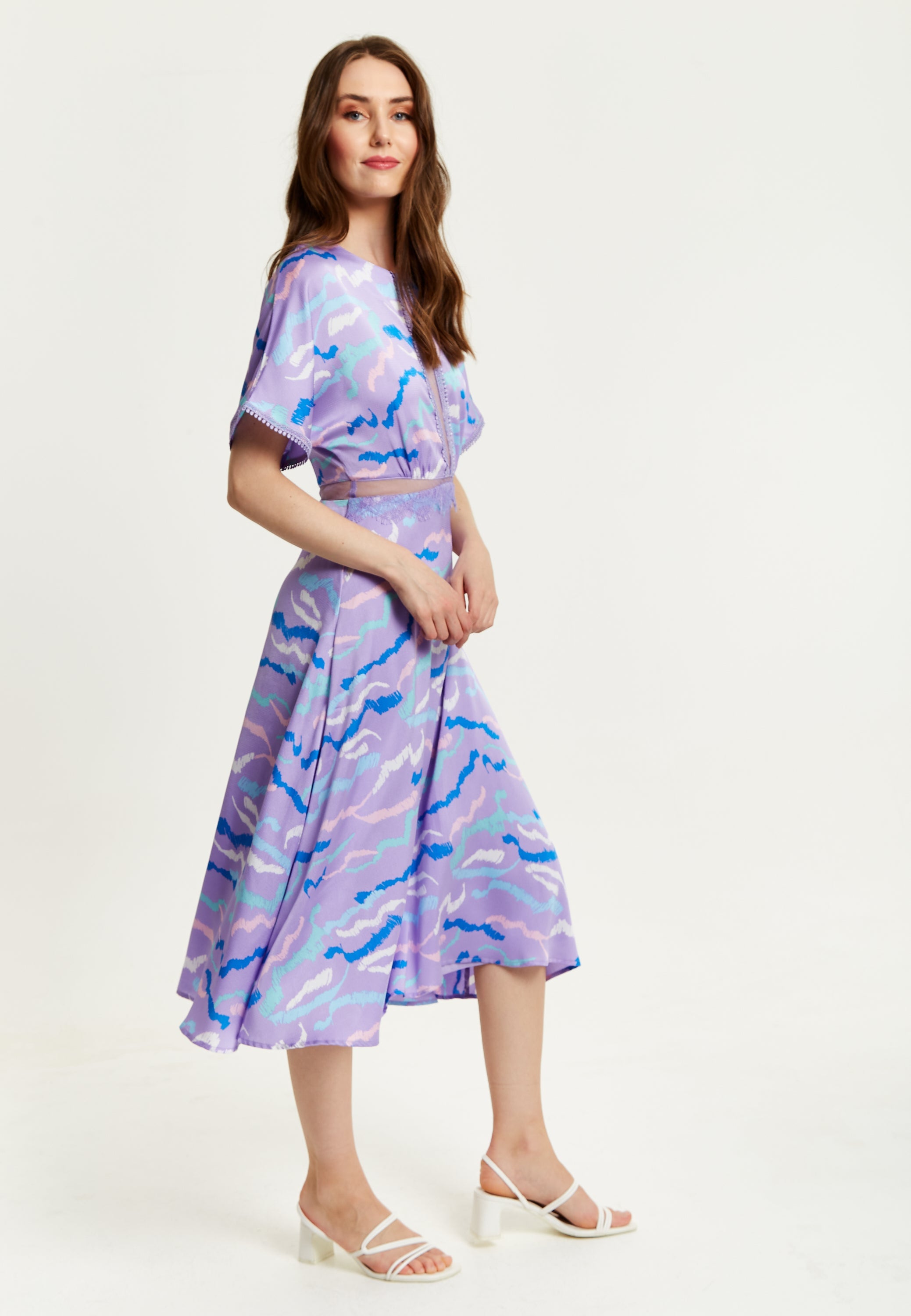 Women's Midi Dress with Mesh Detail in Lilac - Abstract Zebra Print, Short Sleeves, Stylish and Chic by Liquorish