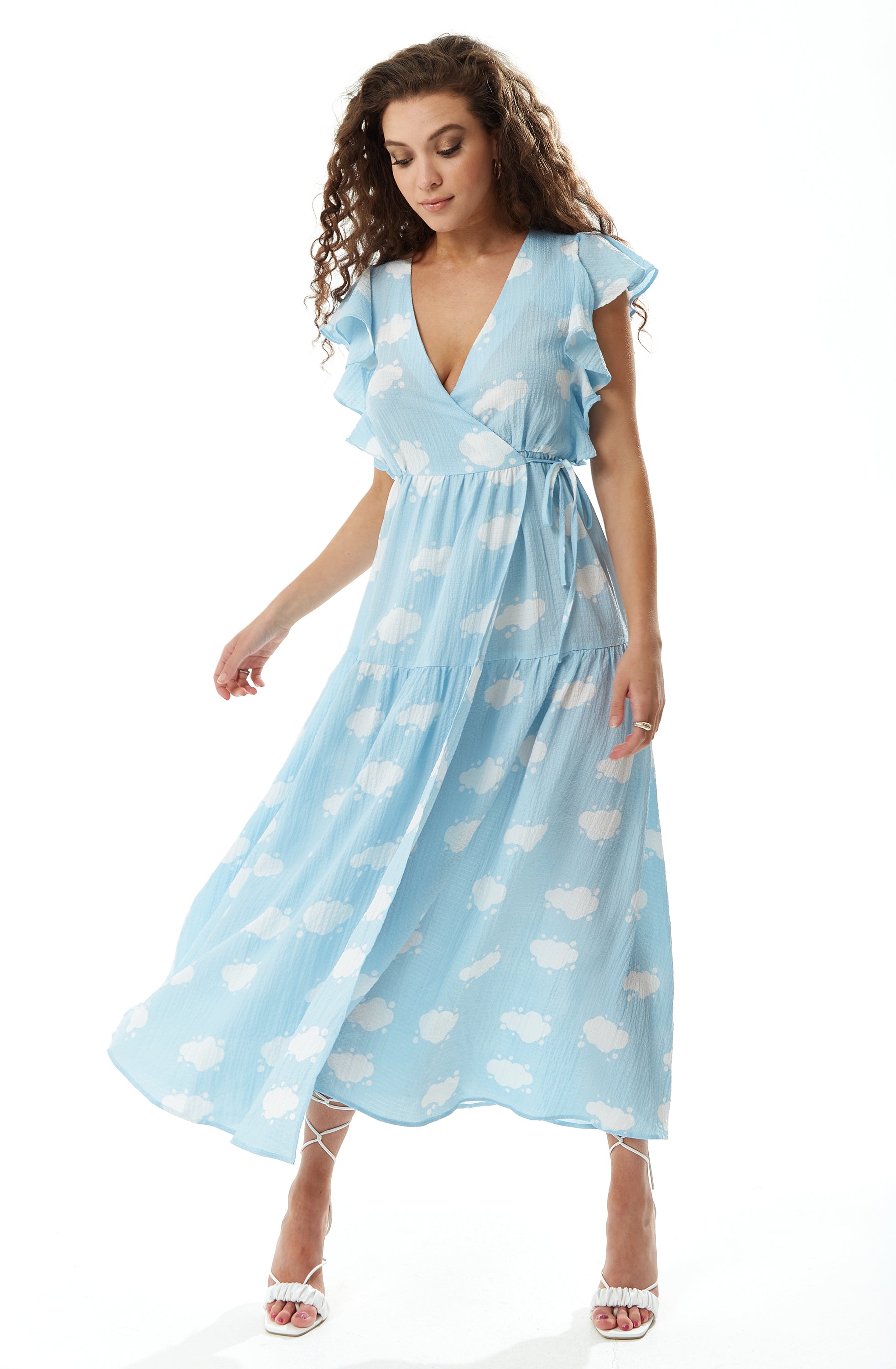 Women’s Midi Wrap Dress with Frill Short Sleeves in Blue - Cloud Print Tie Waist Elegance for Weddings by Liquorish