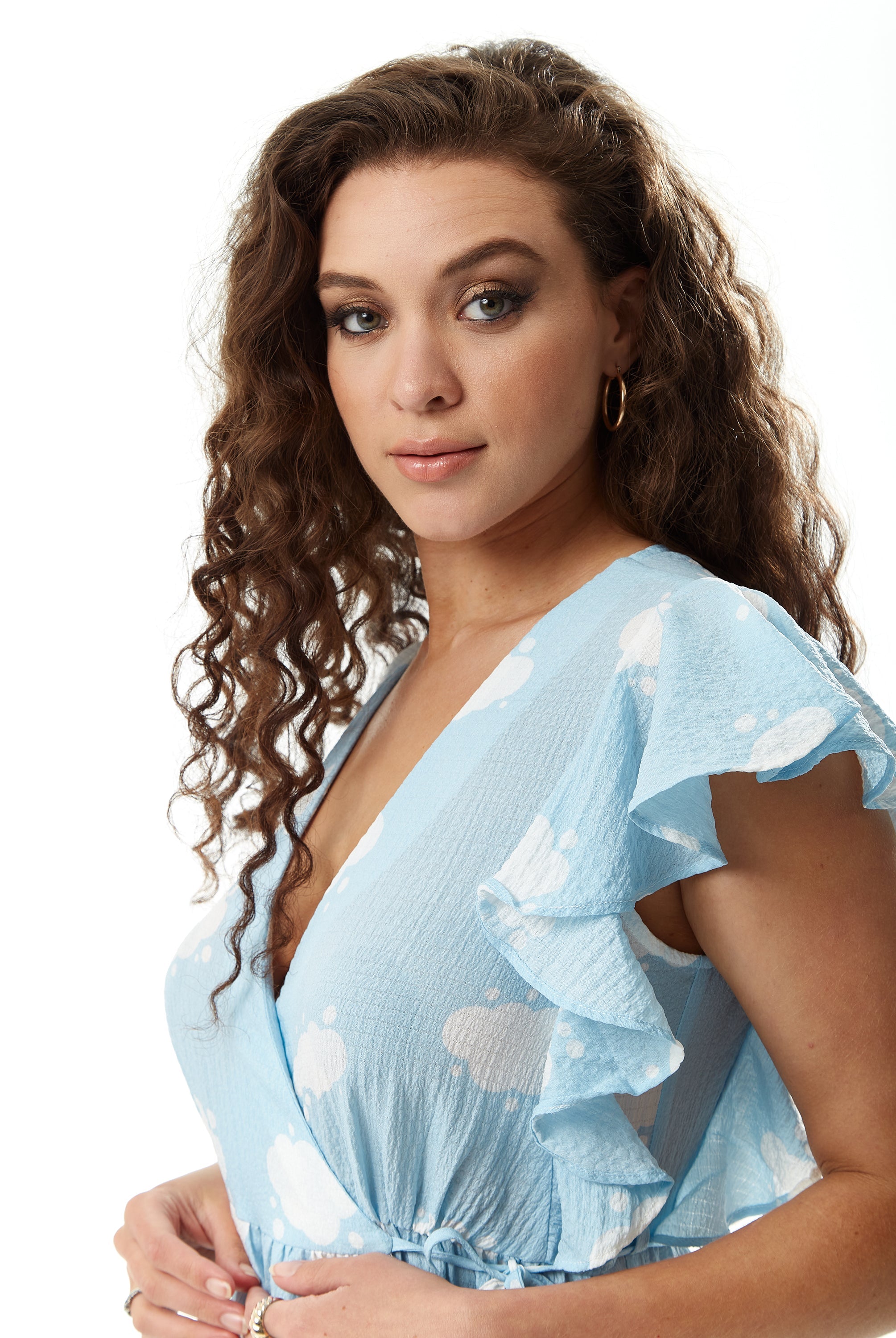 Women’s Midi Wrap Dress with Frill Short Sleeves in Blue - Cloud Print Tie Waist Elegance for Weddings by Liquorish