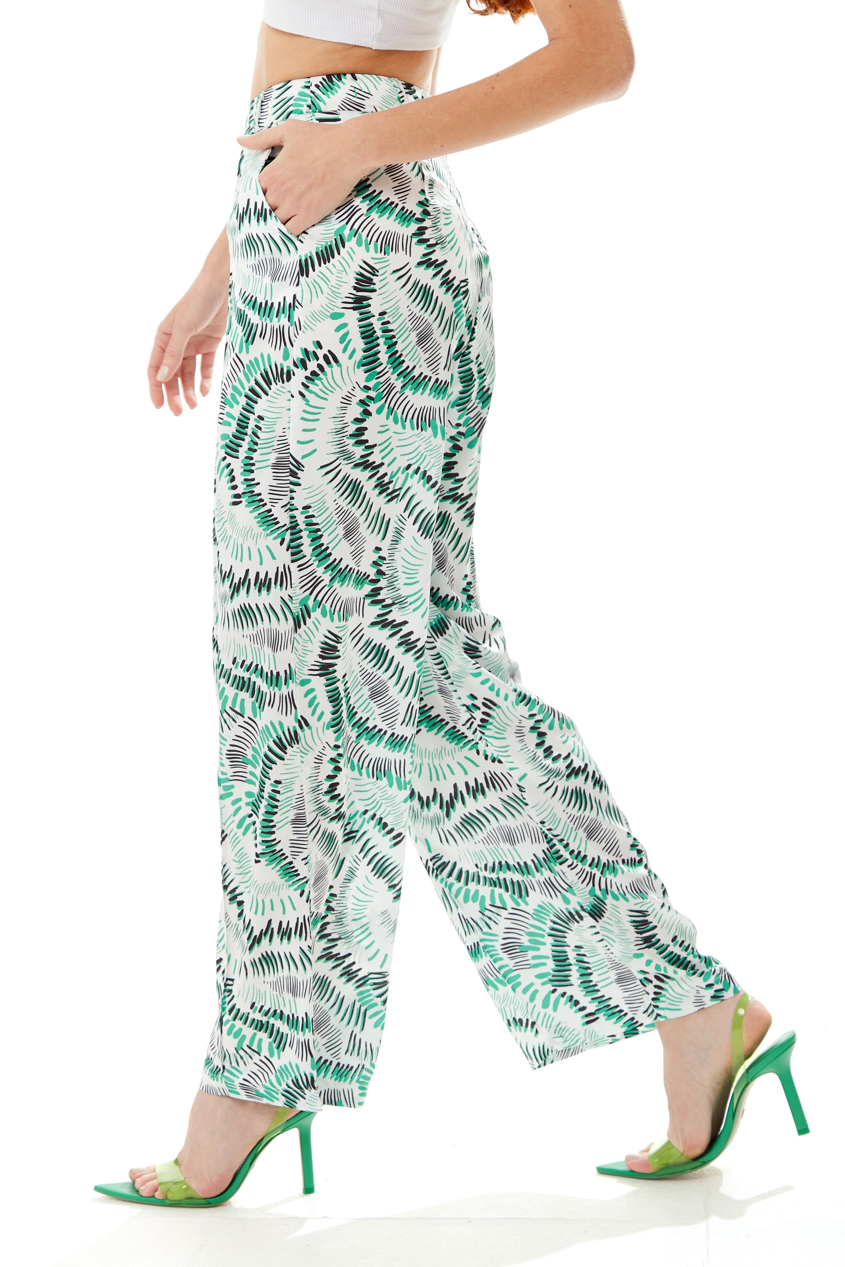 Women’s Trousers in White with Abstract Print, High Rise, Wide Legs, Front Pockets, Regular Fit - Liquorish