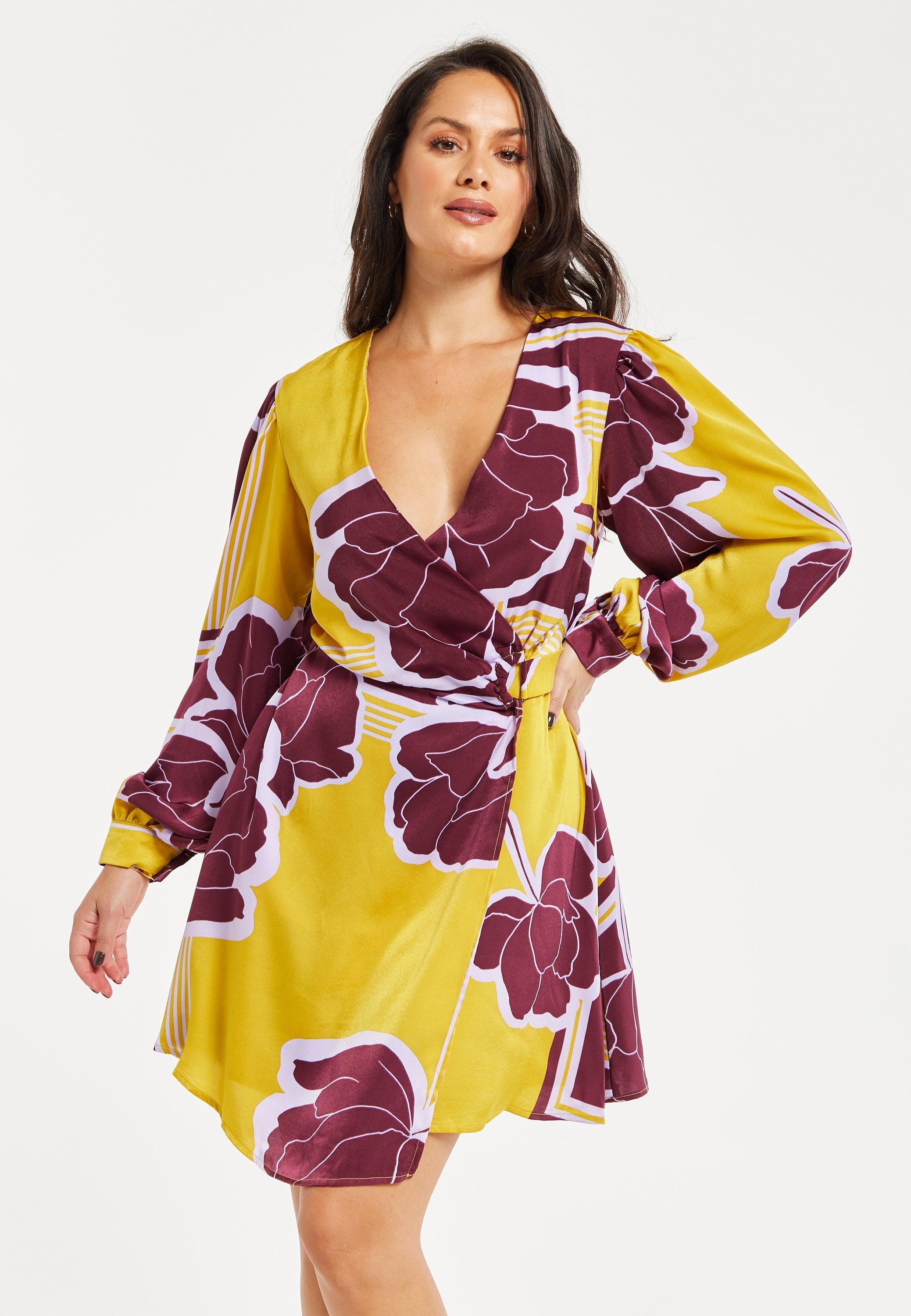 Women's Mini Dress with Long Balloon Sleeves in Yellow and Burgundy Geometric Floral Print - Liquorish