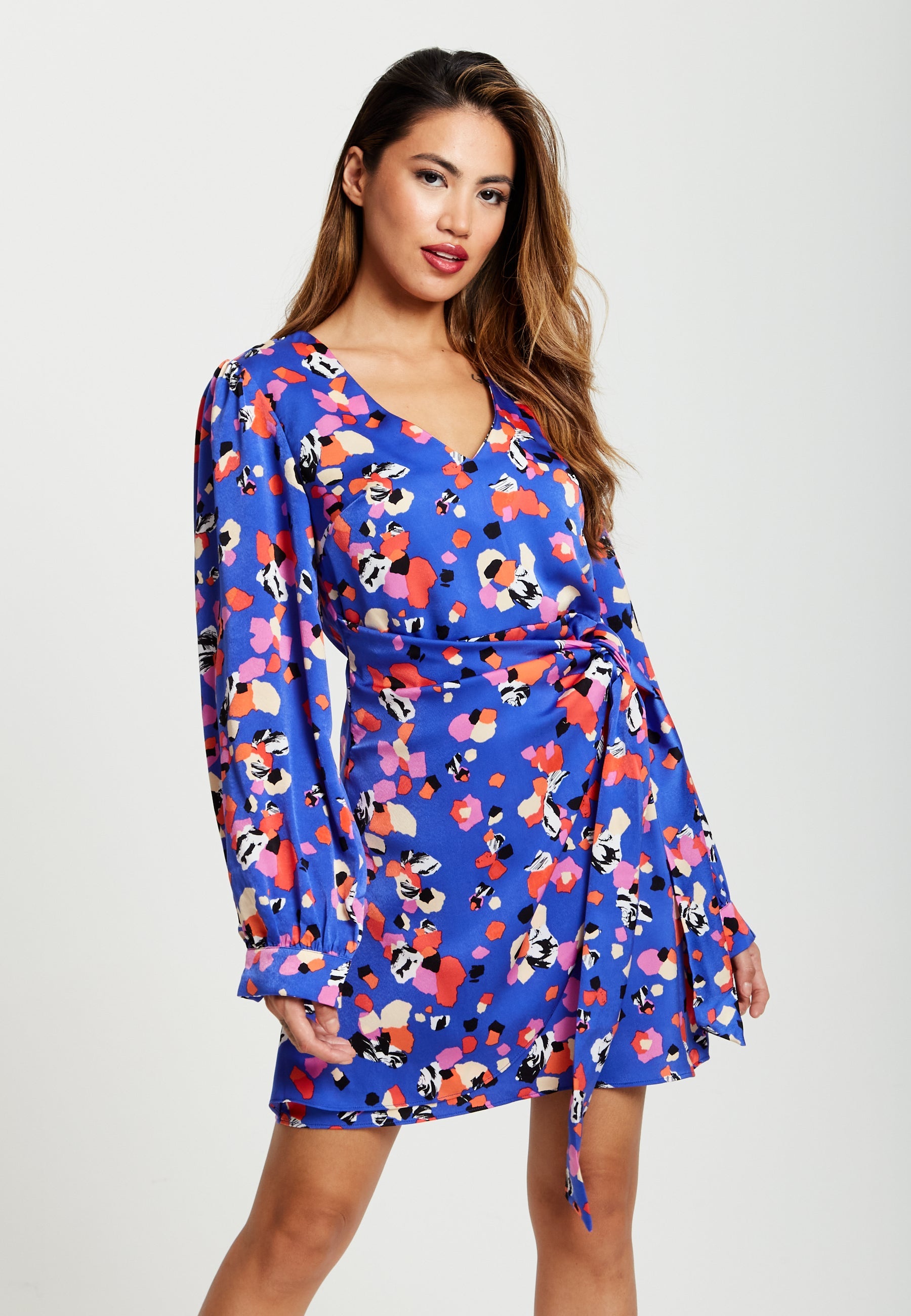 Women's Mini Dress with Long Balloon Sleeves in Multicolour Abstract Dot Print - Elegant Wrap Style by Liquorish
