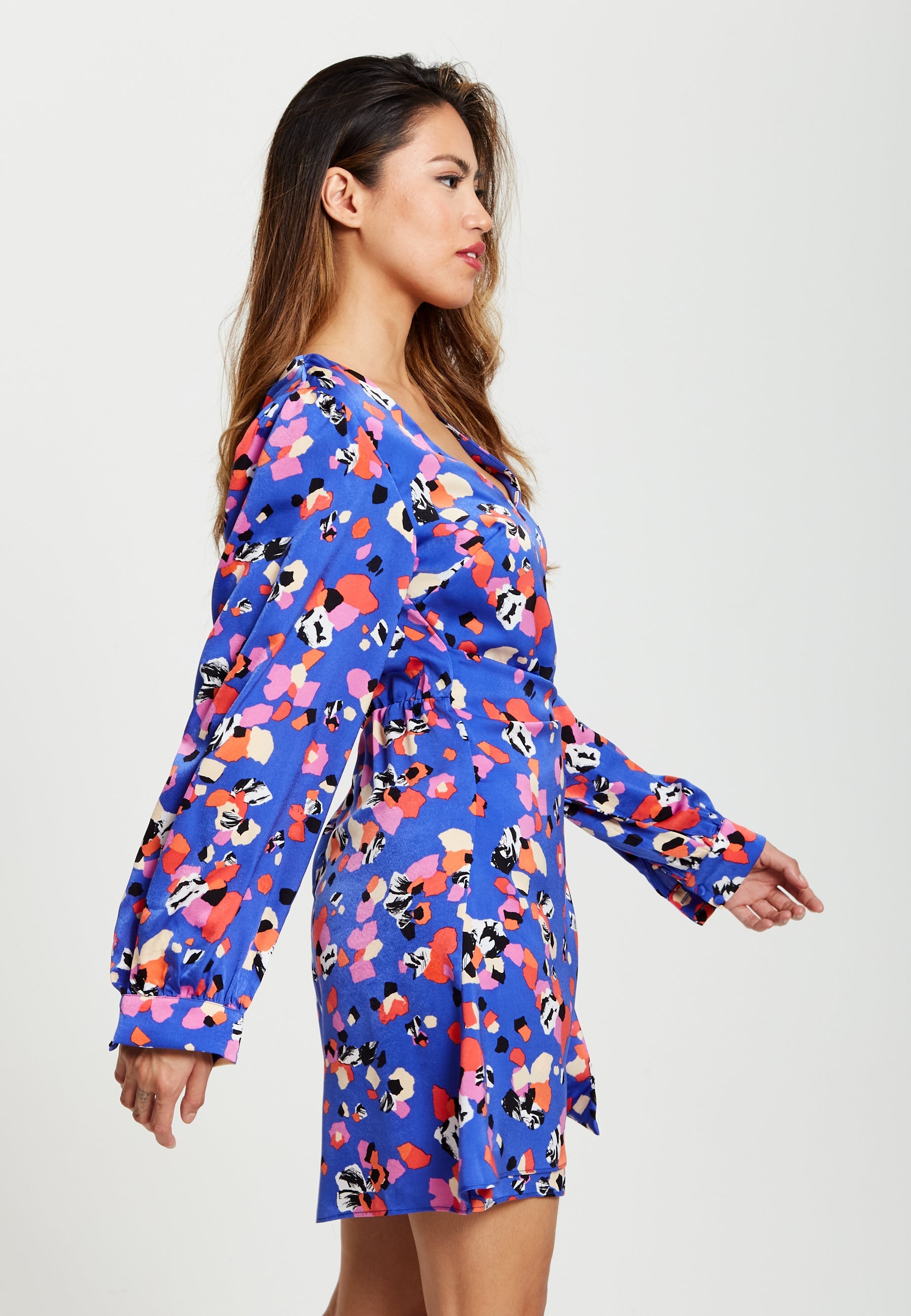 Women's Mini Dress with Long Balloon Sleeves in Multicolour Abstract Dot Print - Elegant Wrap Style by Liquorish