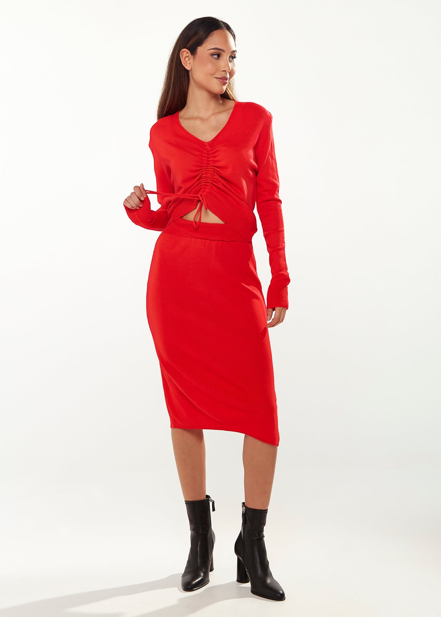 Women's Knitted Set in Red - Cropped Sweatshirt with V-Neck & Long Sleeves, Midi Skirt with Side Slit, Versatile Style