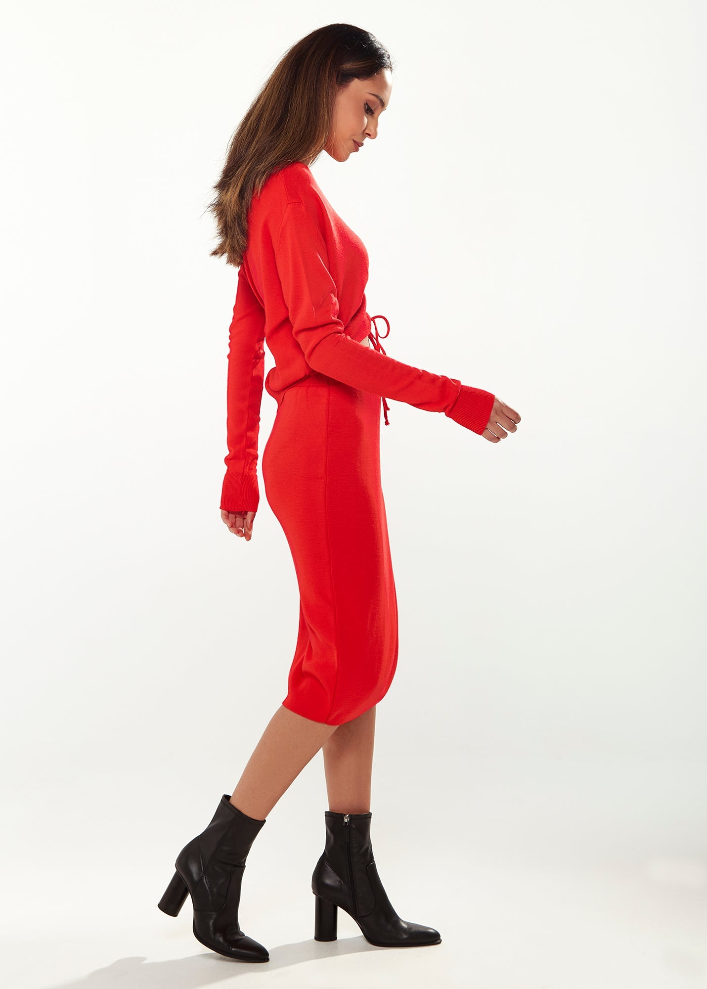 Women's Knitted Set in Red - Cropped Sweatshirt with V-Neck & Long Sleeves, Midi Skirt with Side Slit, Versatile Style
