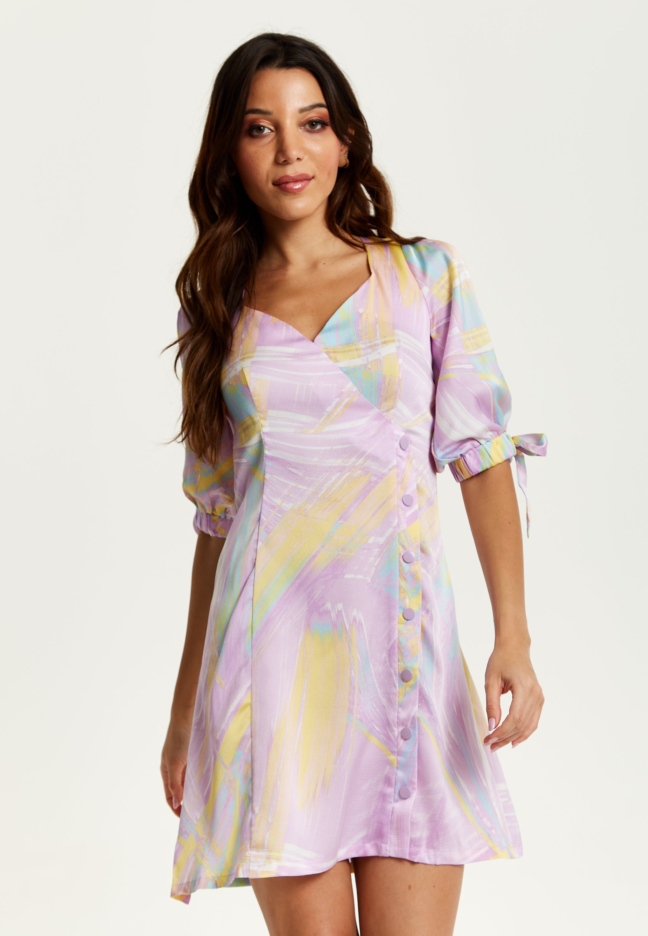 Women's Mini Dress in Lilac with V Neck, Tie Back, Tie Sleeves, and Abstract Print - Liquorish