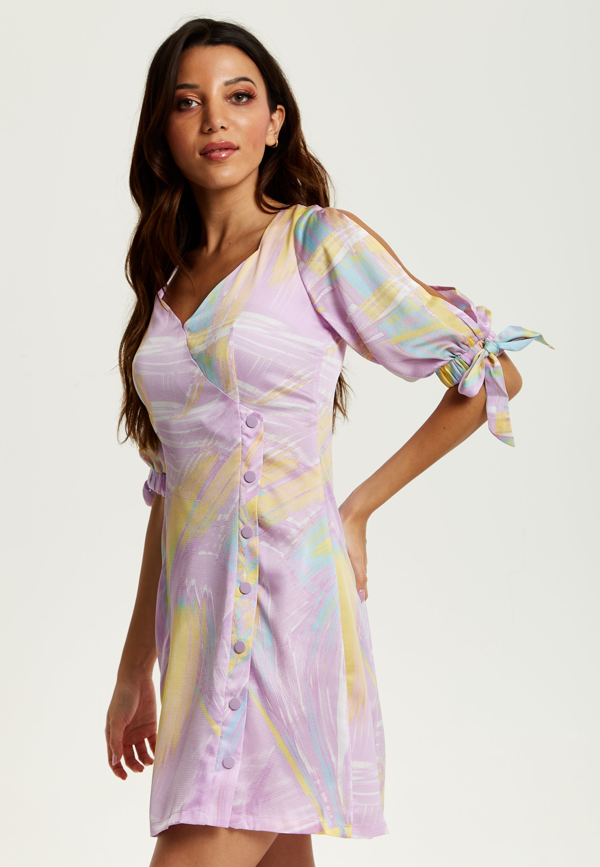 Women's Mini Dress in Lilac with V Neck, Tie Back, Tie Sleeves, and Abstract Print - Liquorish