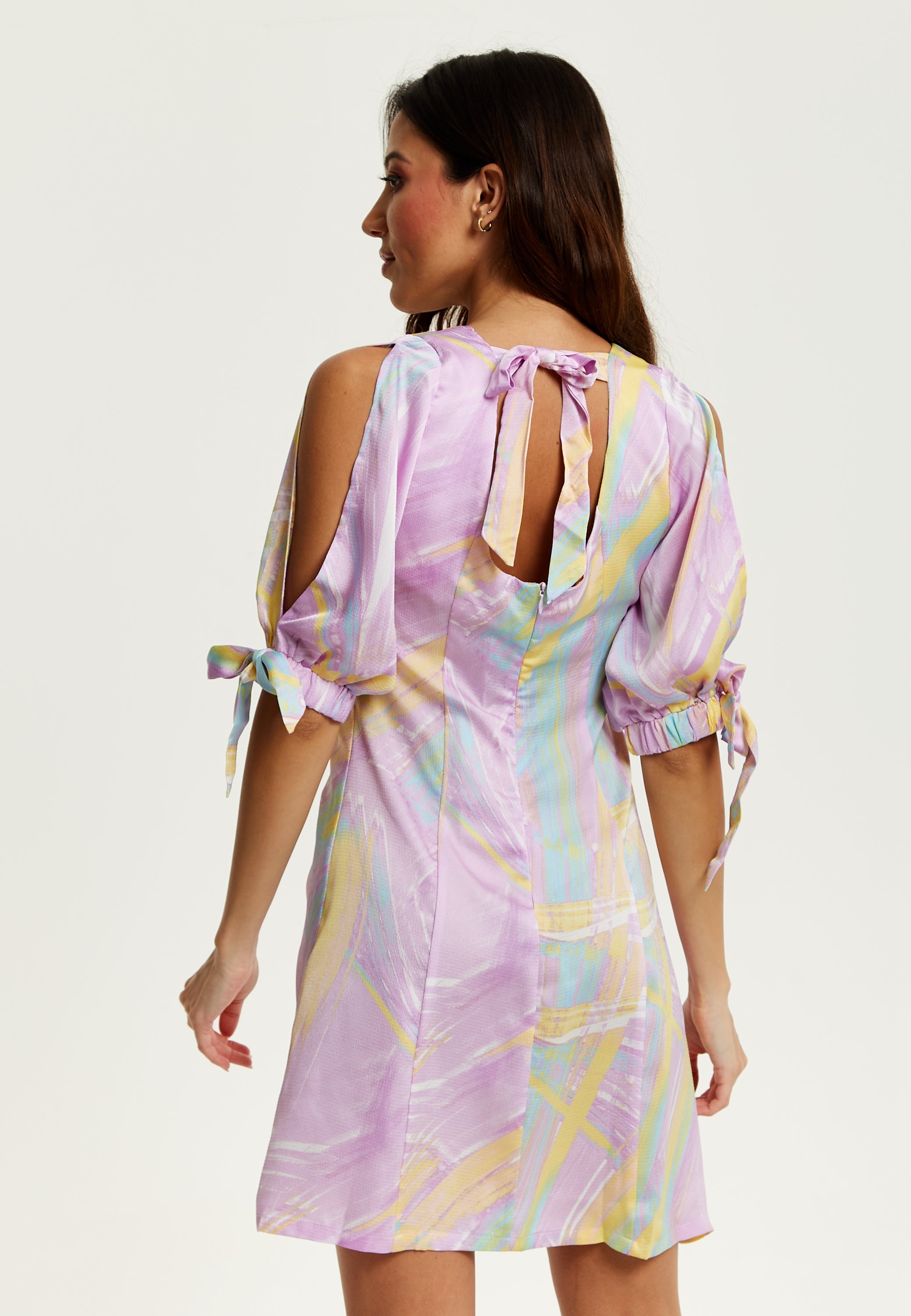 Women's Mini Dress in Lilac with V Neck, Tie Back, Tie Sleeves, and Abstract Print - Liquorish