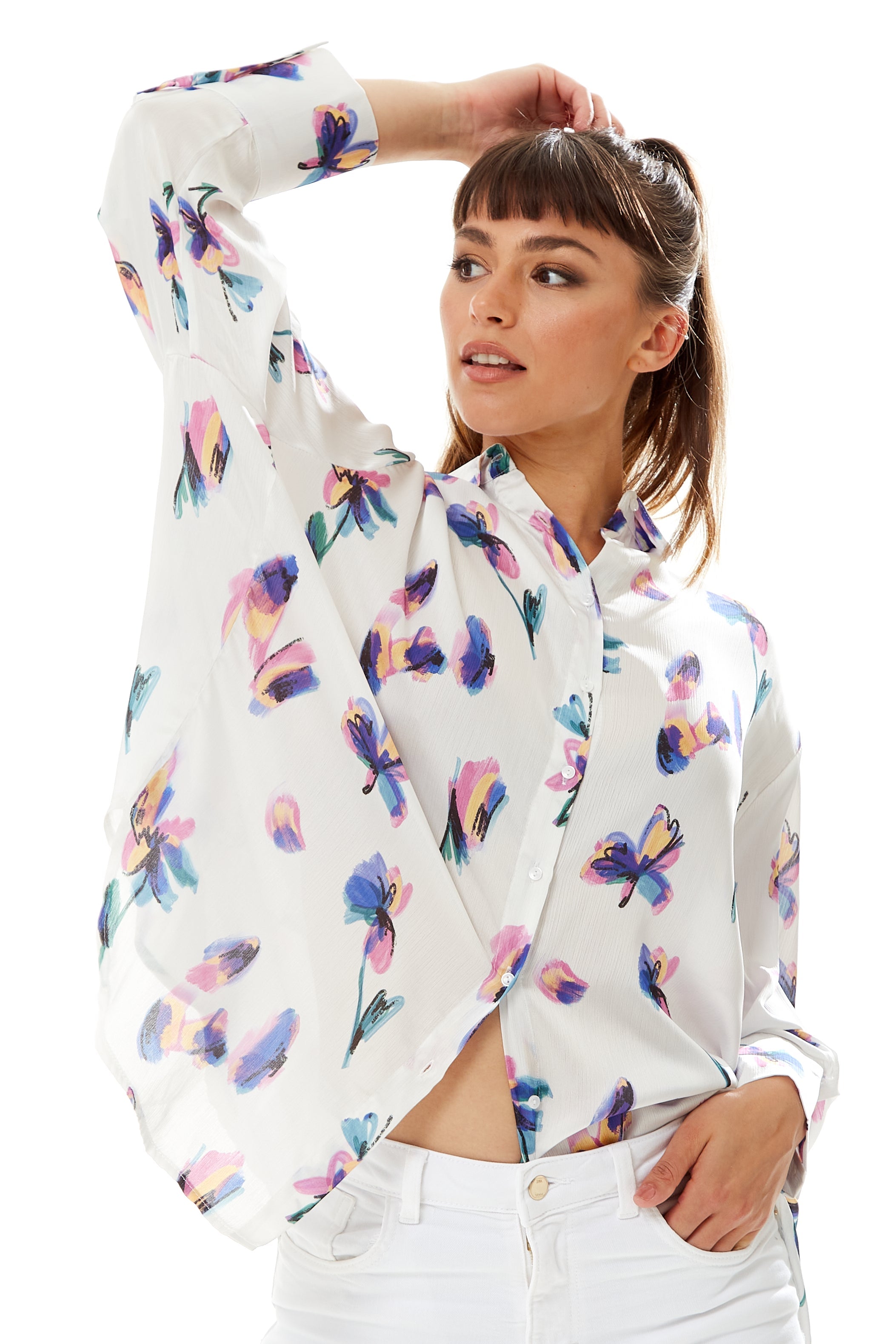 Women's Long Sleeve Floral Print Button-Up White Shirt with Collar - Regular Fit, Stylish and Versatile Design