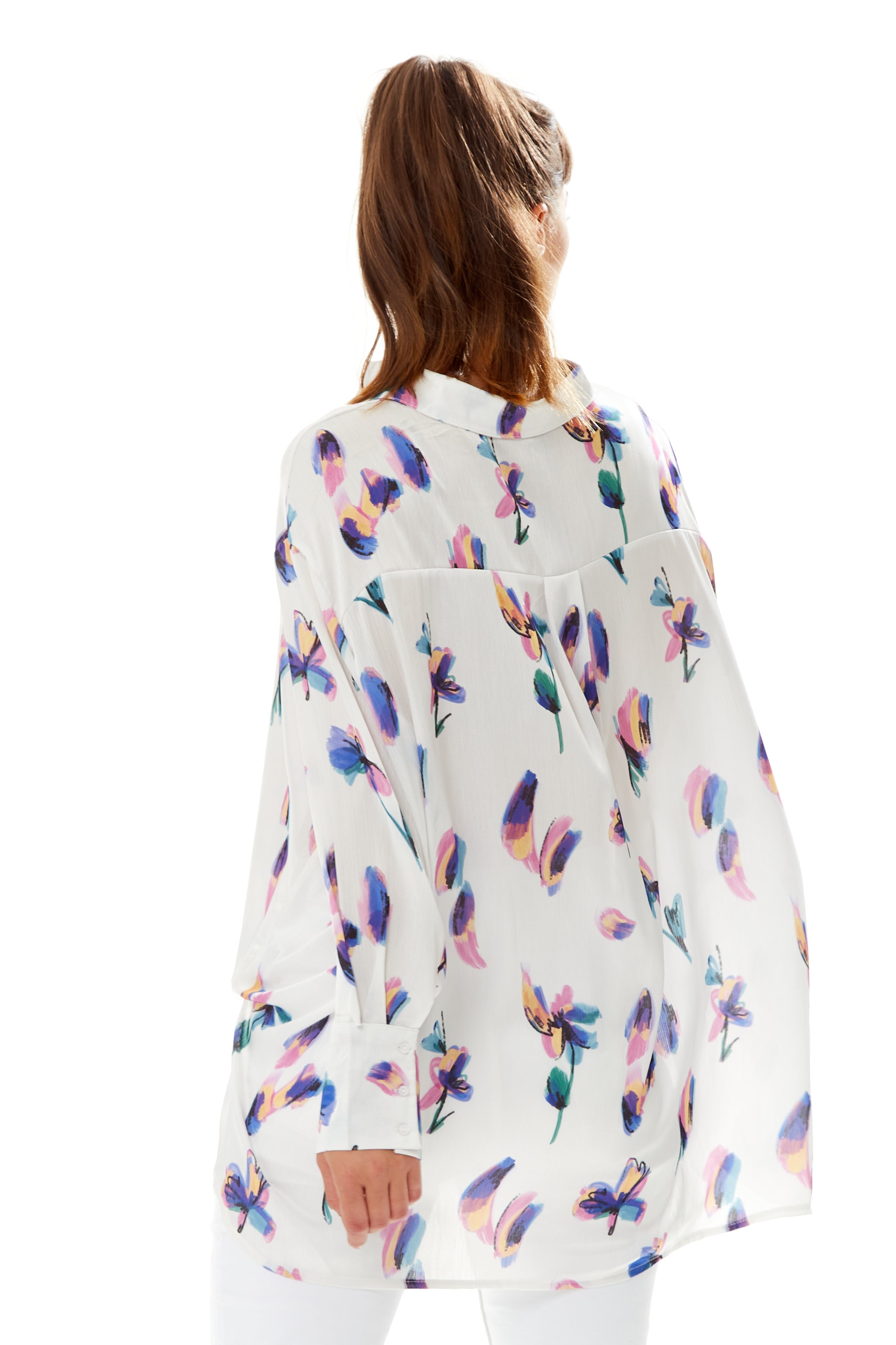 Women's Long Sleeve Floral Print Button-Up White Shirt with Collar - Regular Fit, Stylish and Versatile Design