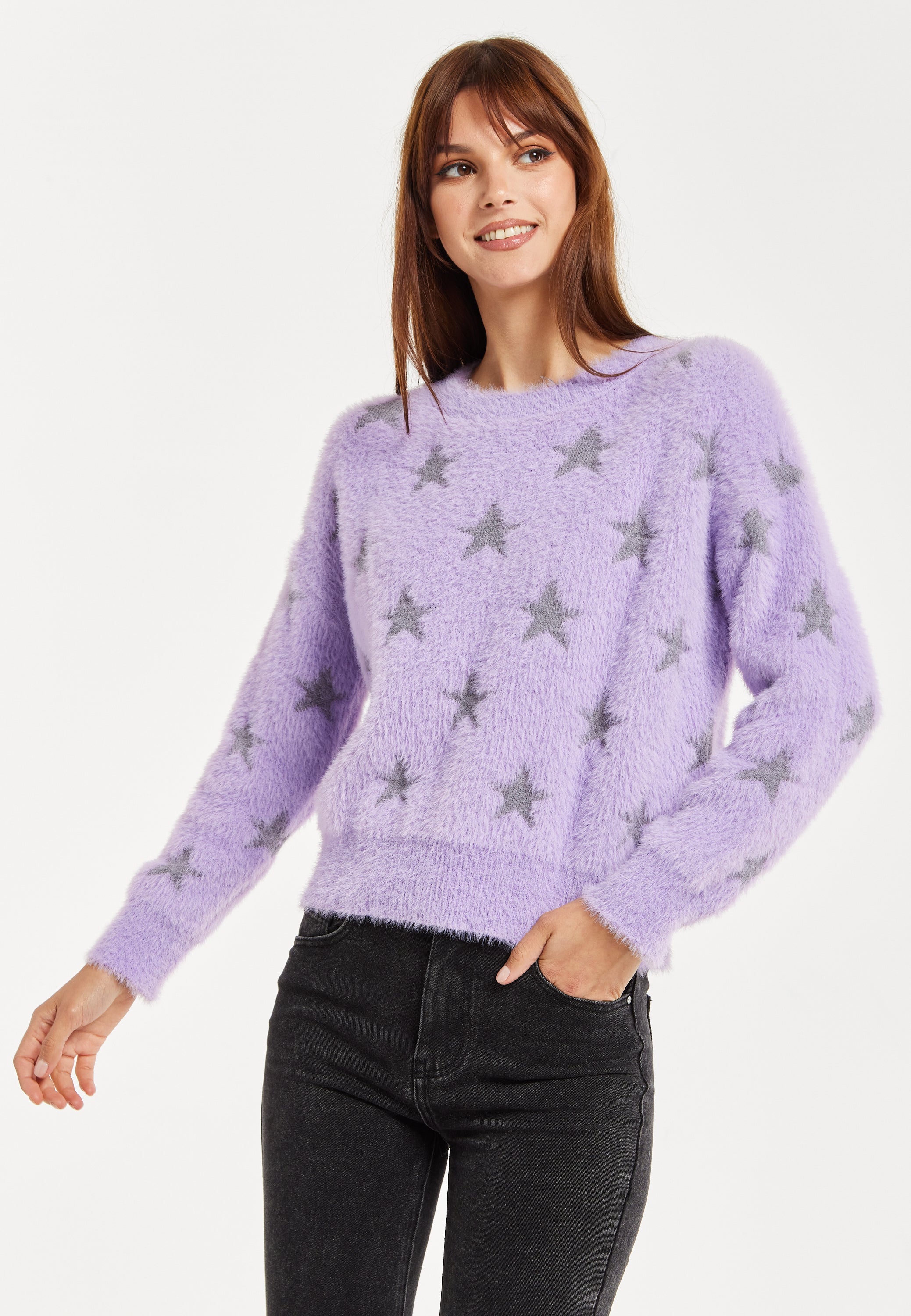 Women’s Jumper in Lilac with Fluffy Grey Star Pattern