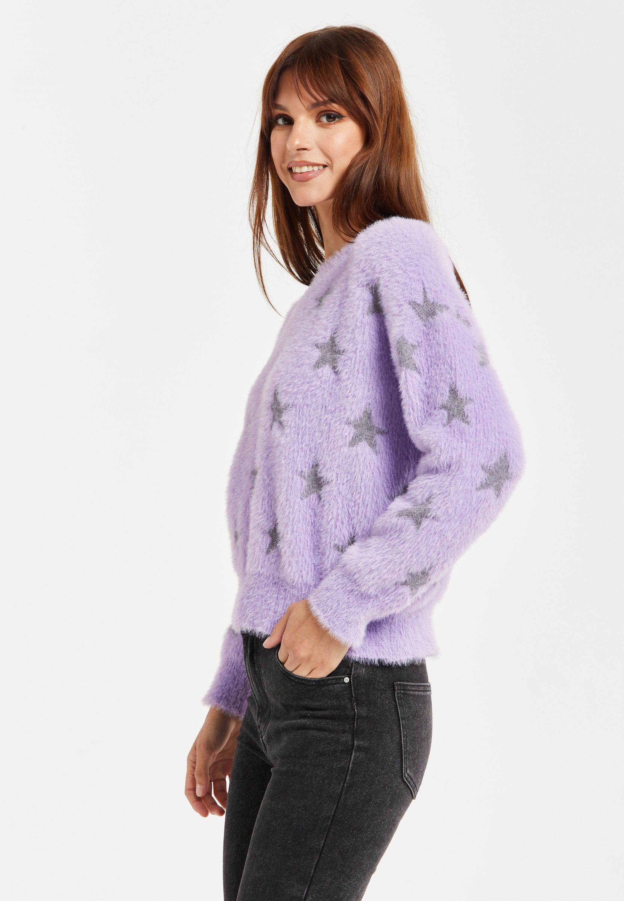 Women’s Jumper in Lilac with Fluffy Grey Star Pattern