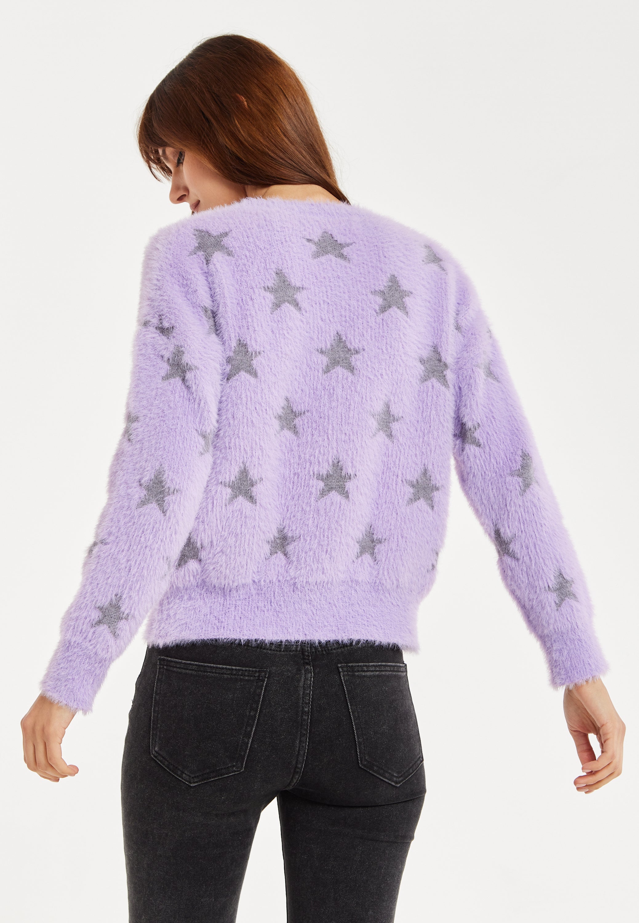Women’s Jumper in Lilac with Fluffy Grey Star Pattern