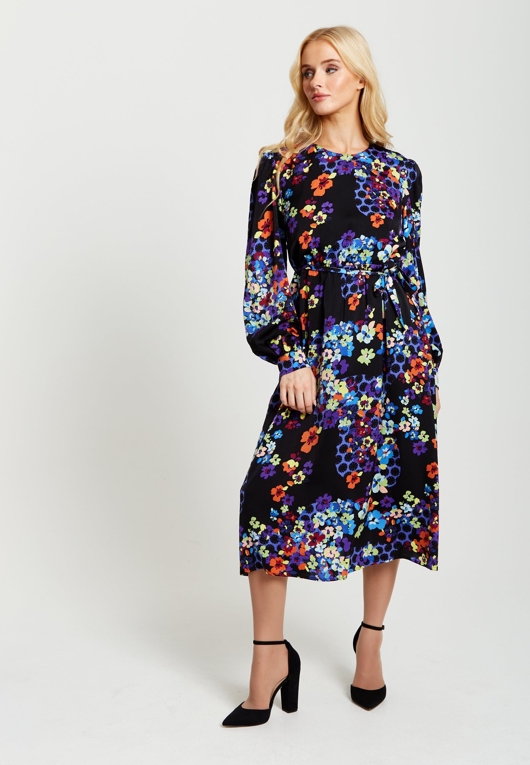 Women's Midi Dress in Orange and Blue with Long Balloon Sleeves - Liquorish