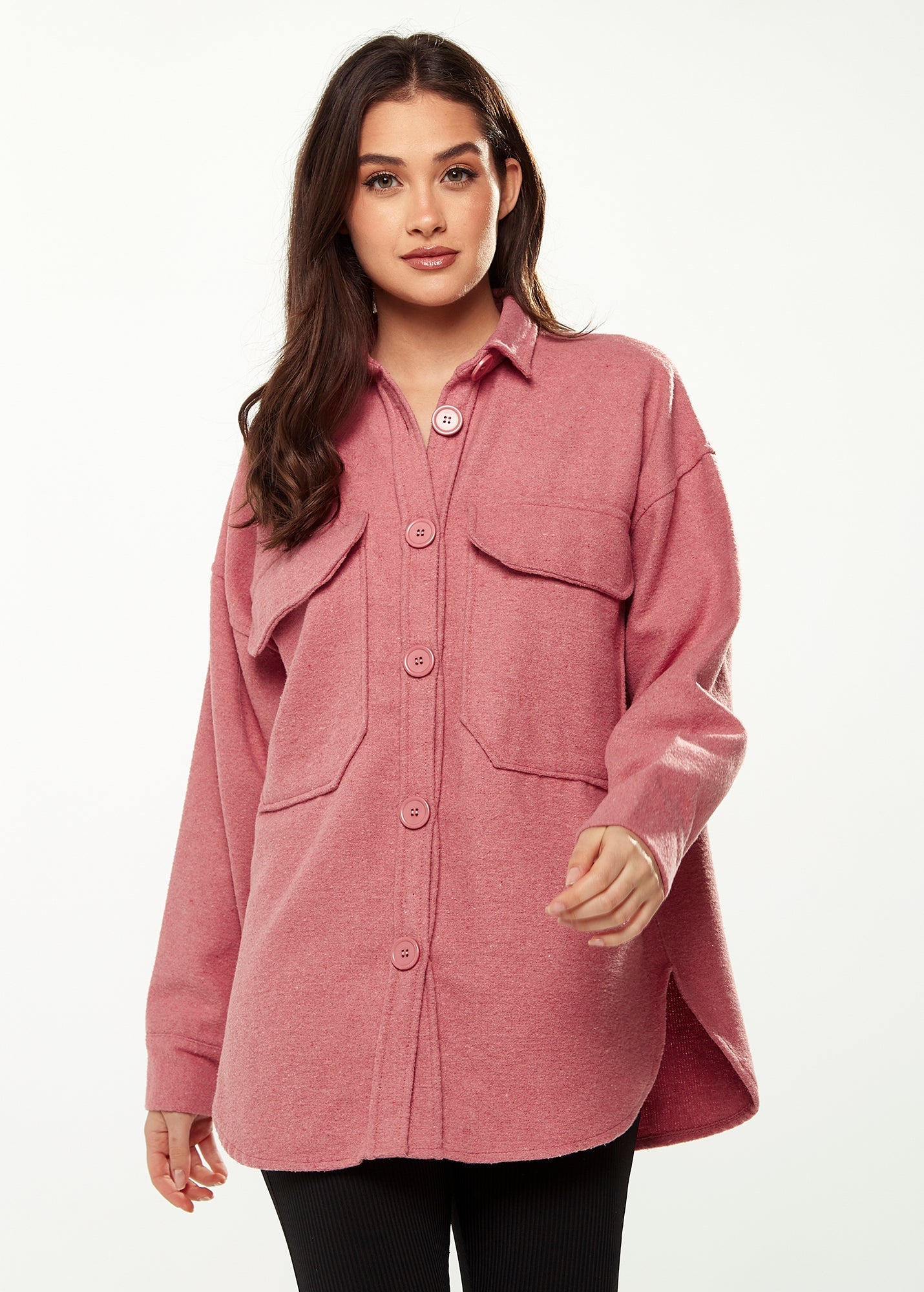 Women’s Shirt Jacket with Oversized Pocket in Pink - Classic Button-Up, Collar, Full-Length Sleeves, Oversized Fit