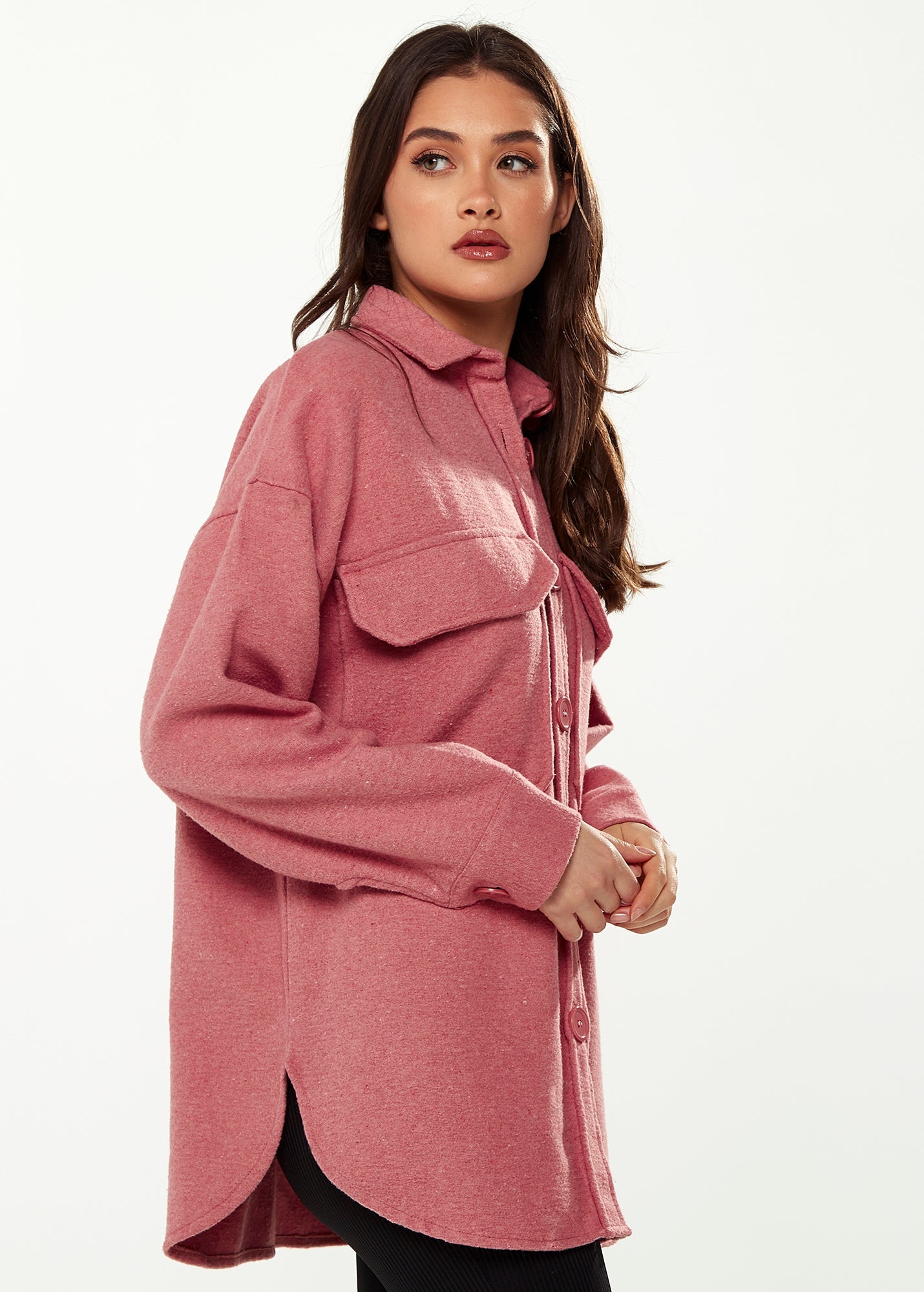 Women’s Shirt Jacket with Oversized Pocket in Pink - Classic Button-Up, Collar, Full-Length Sleeves, Oversized Fit