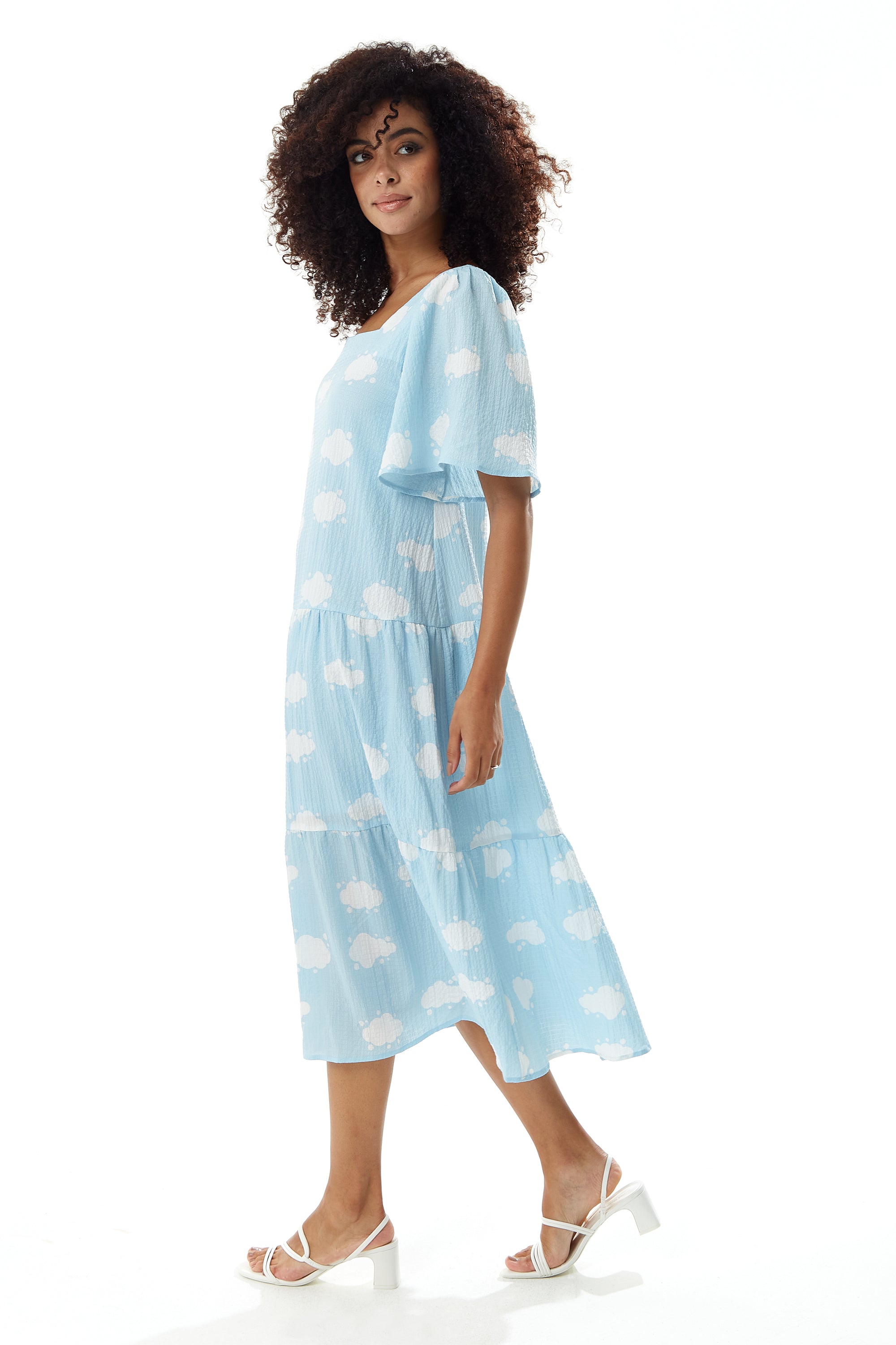 Women's Midi Dress with Short Sleeves and Cloud Print in Blue by Liquorish