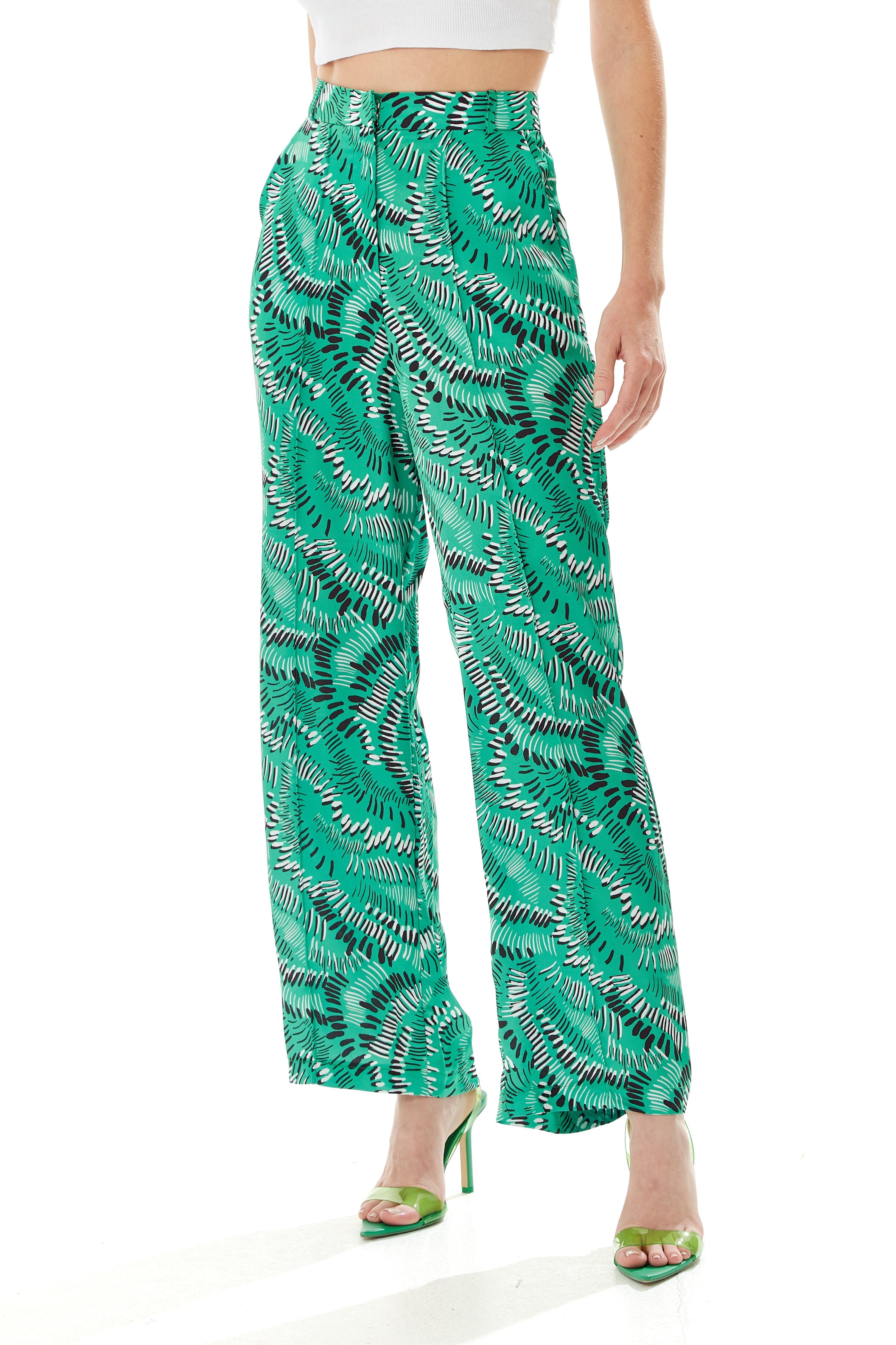 Women's Trousers in Green with Abstract Print, High Rise, Wide Leg Design - Liquorish
