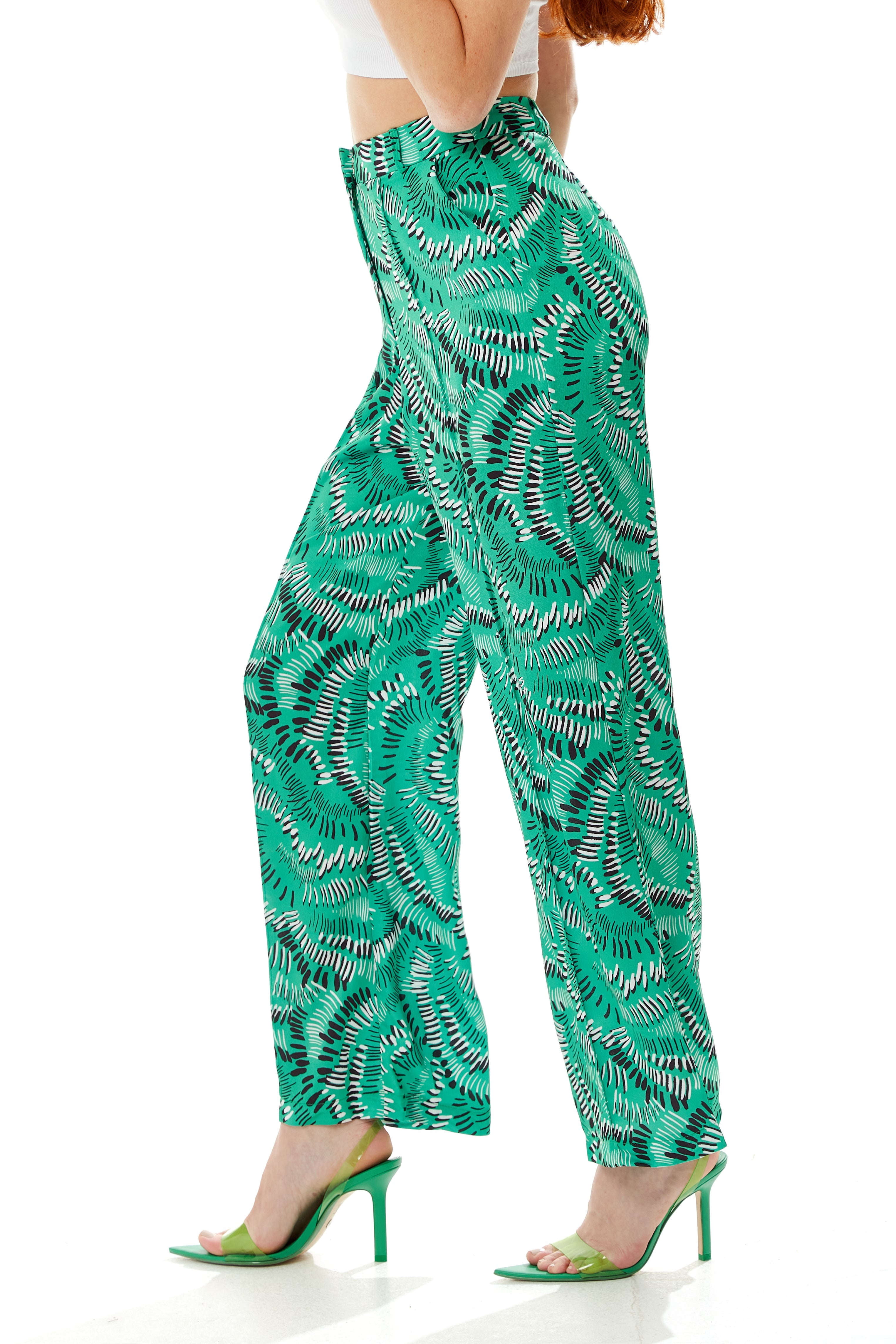 Women's Trousers in Green with Abstract Print, High Rise, Wide Leg Design - Liquorish