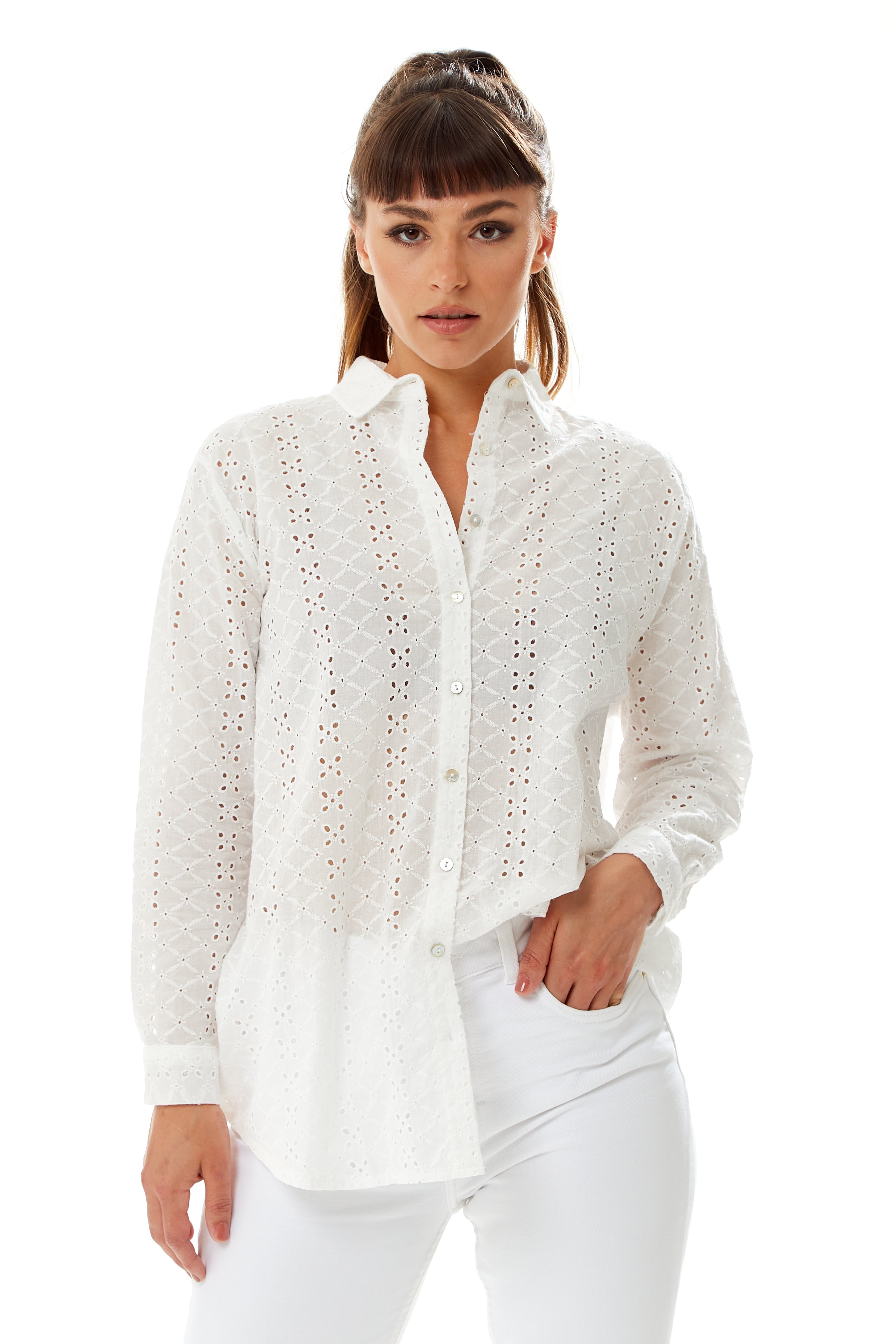 White Broderie Button-Up Shirt