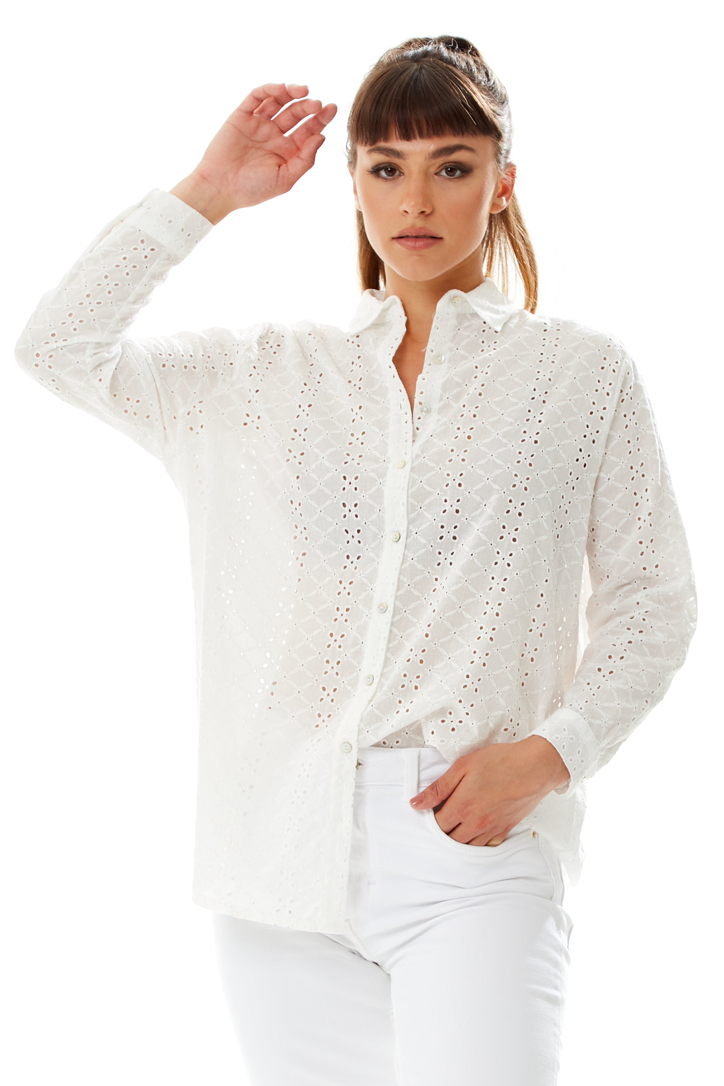 White Broderie Button-Up Shirt