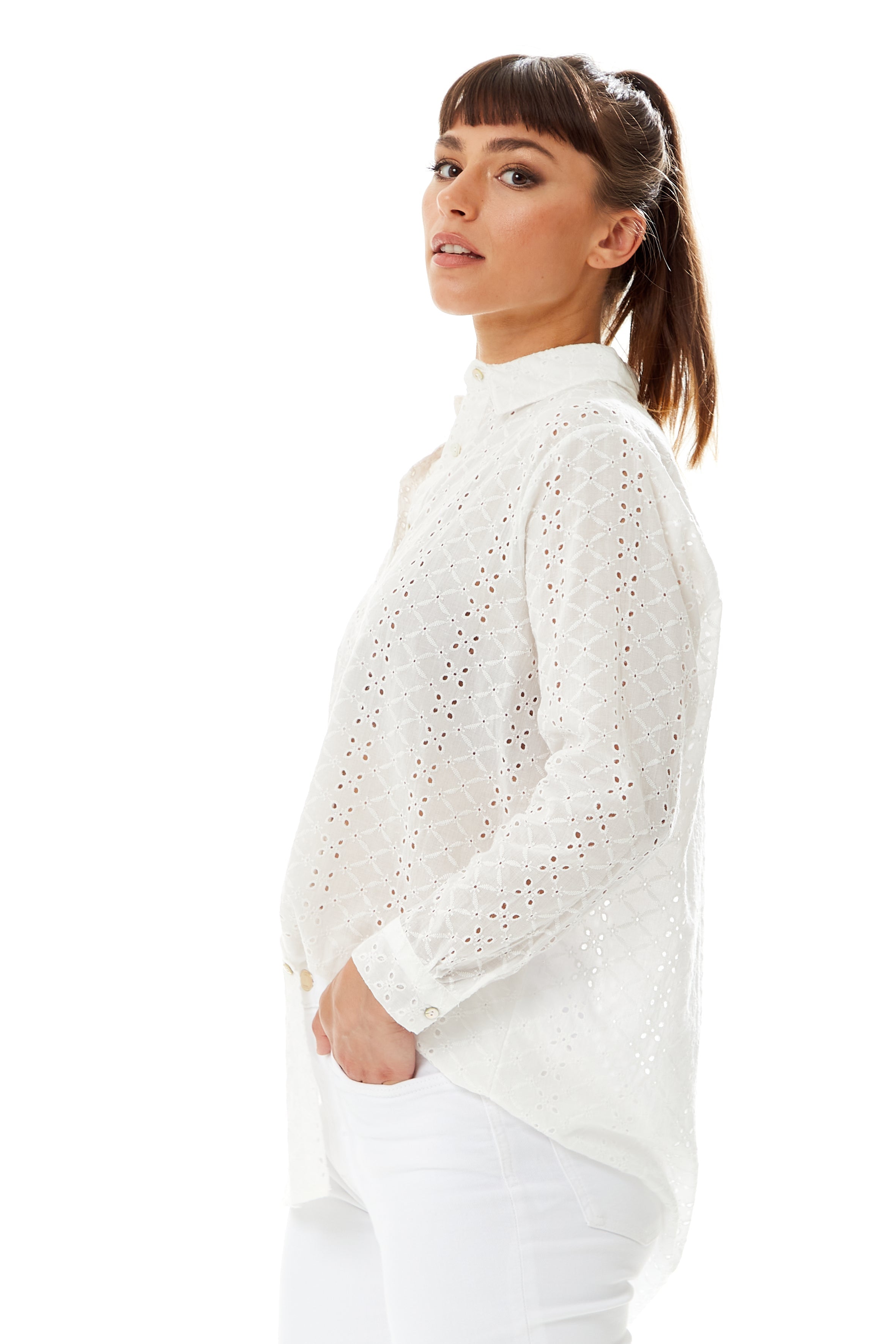 White Broderie Button-Up Shirt