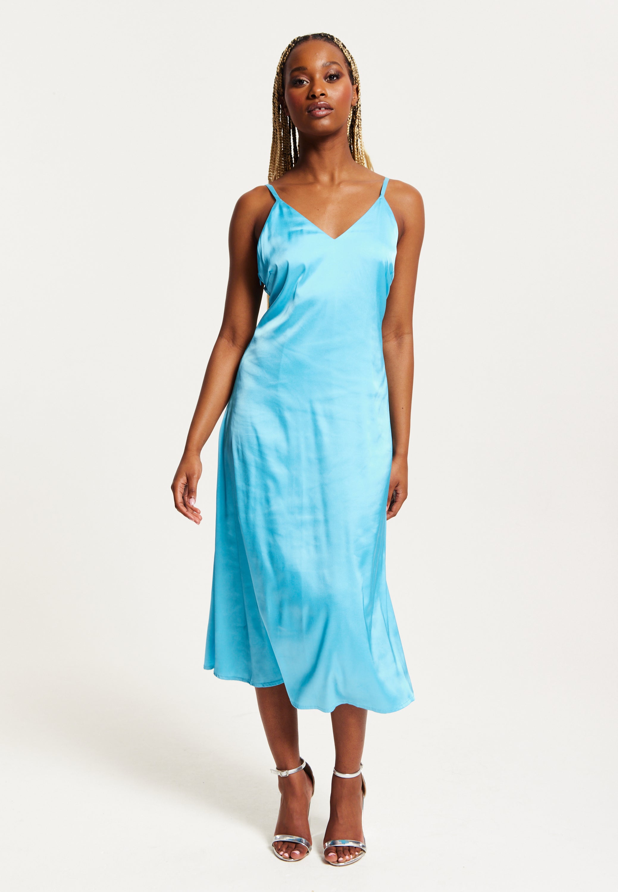 Women's Midi Dress in Blue Satin with Deep V Neck and Adjustable Straps - Liquorish