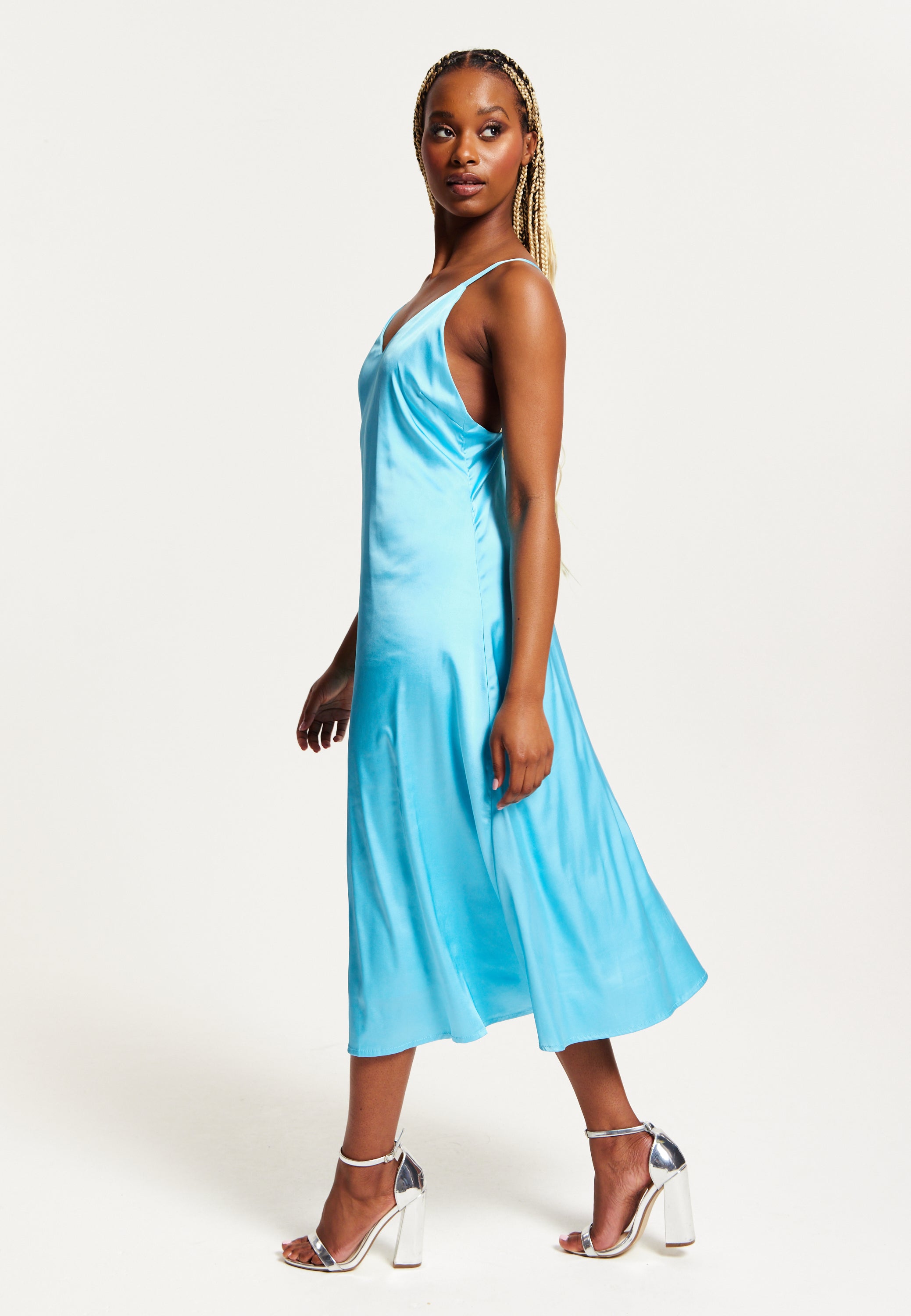 Women's Midi Dress in Blue Satin with Deep V Neck and Adjustable Straps - Liquorish