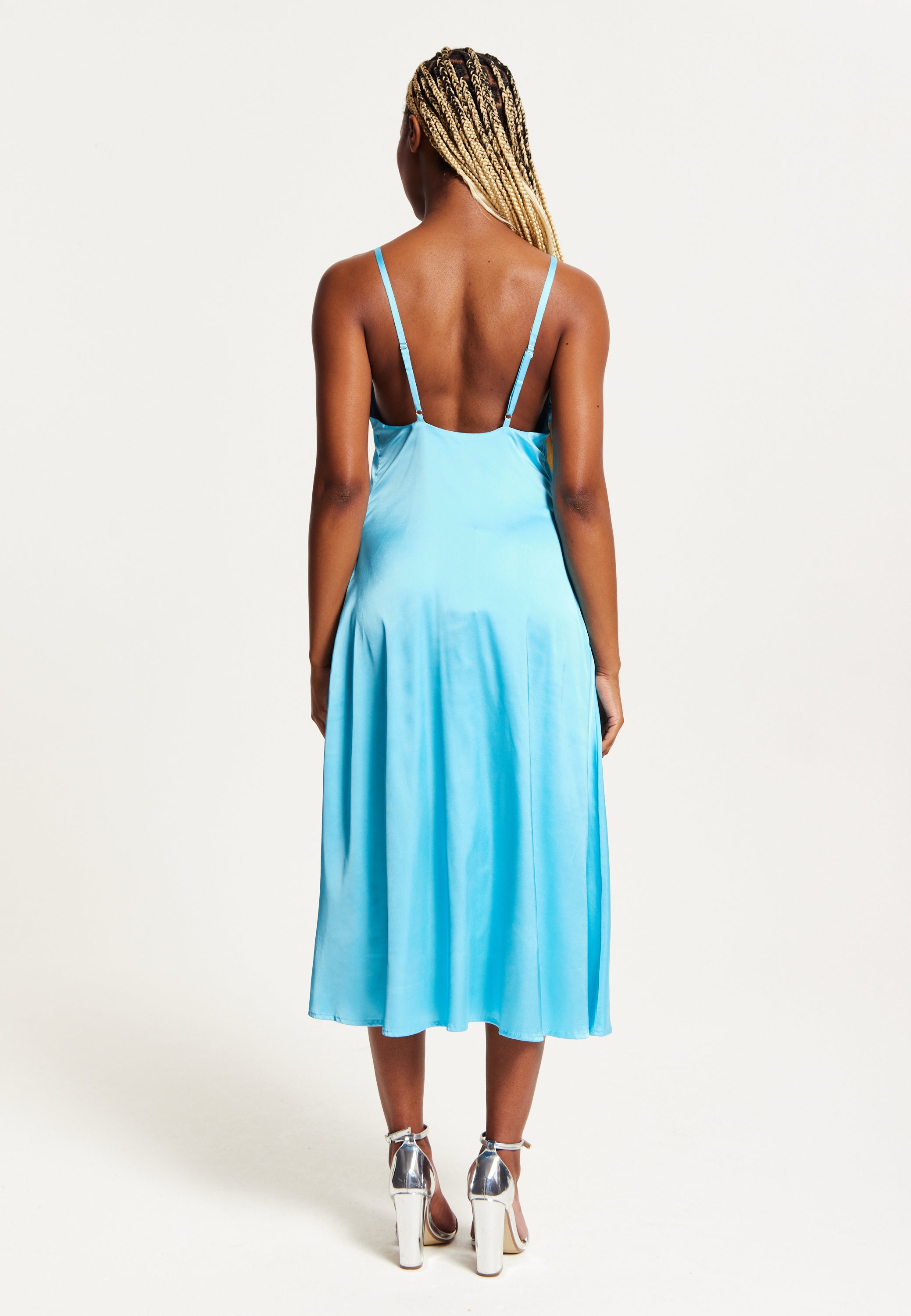 Women's Midi Dress in Blue Satin with Deep V Neck and Adjustable Straps - Liquorish