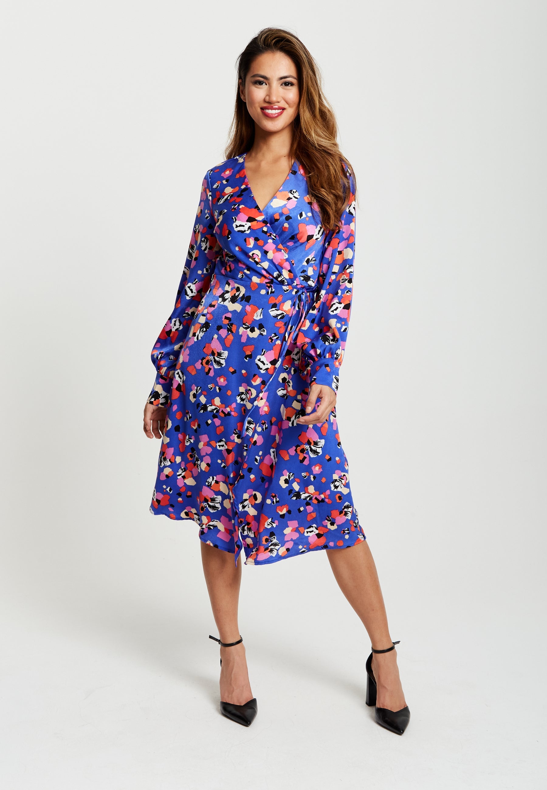 Women's Midi Wrap Dress with Long Balloon Sleeves in Blue Multicolour Abstract Dot Print - Liquorish