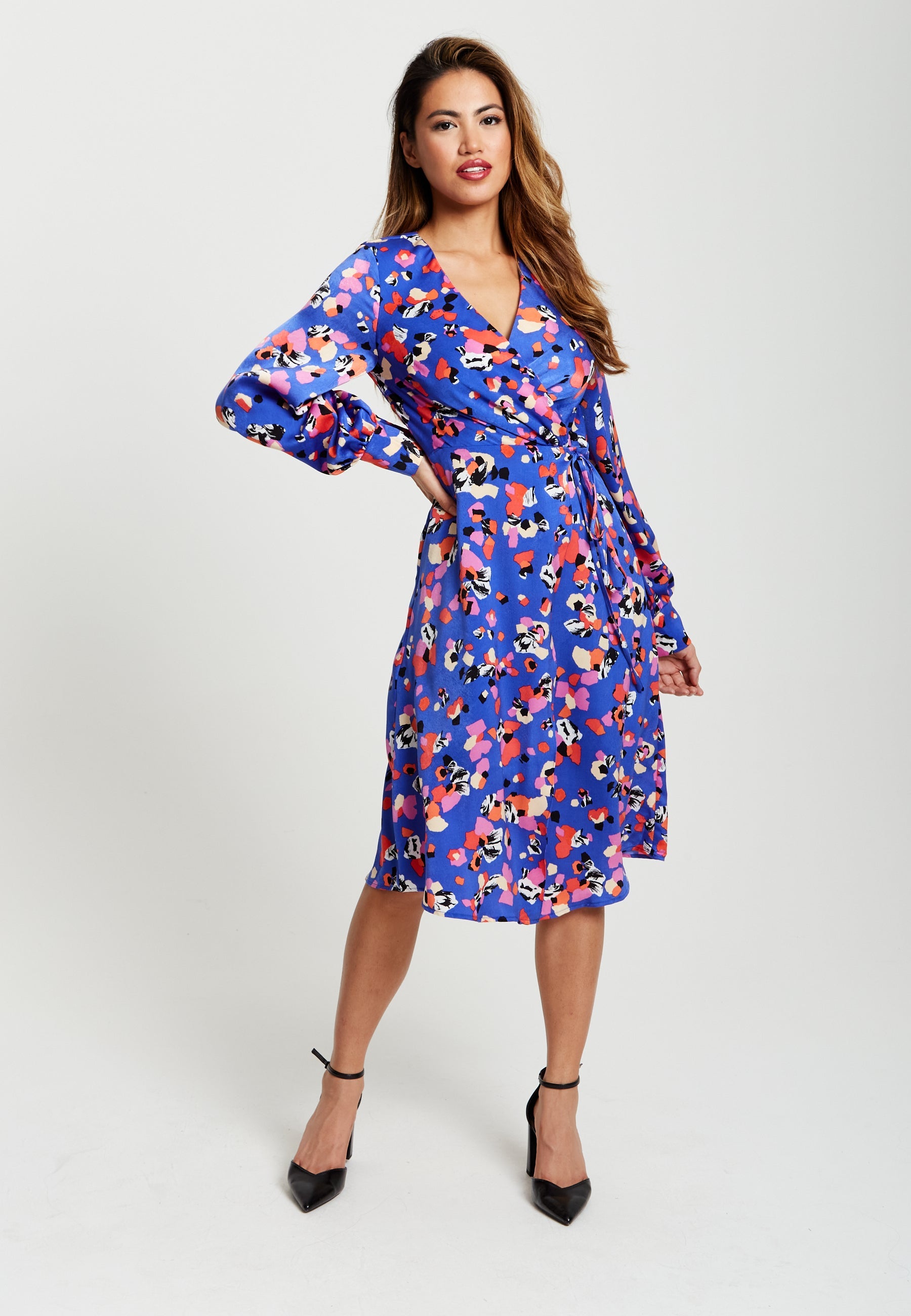 Women's Midi Wrap Dress with Long Balloon Sleeves in Blue Multicolour Abstract Dot Print - Liquorish