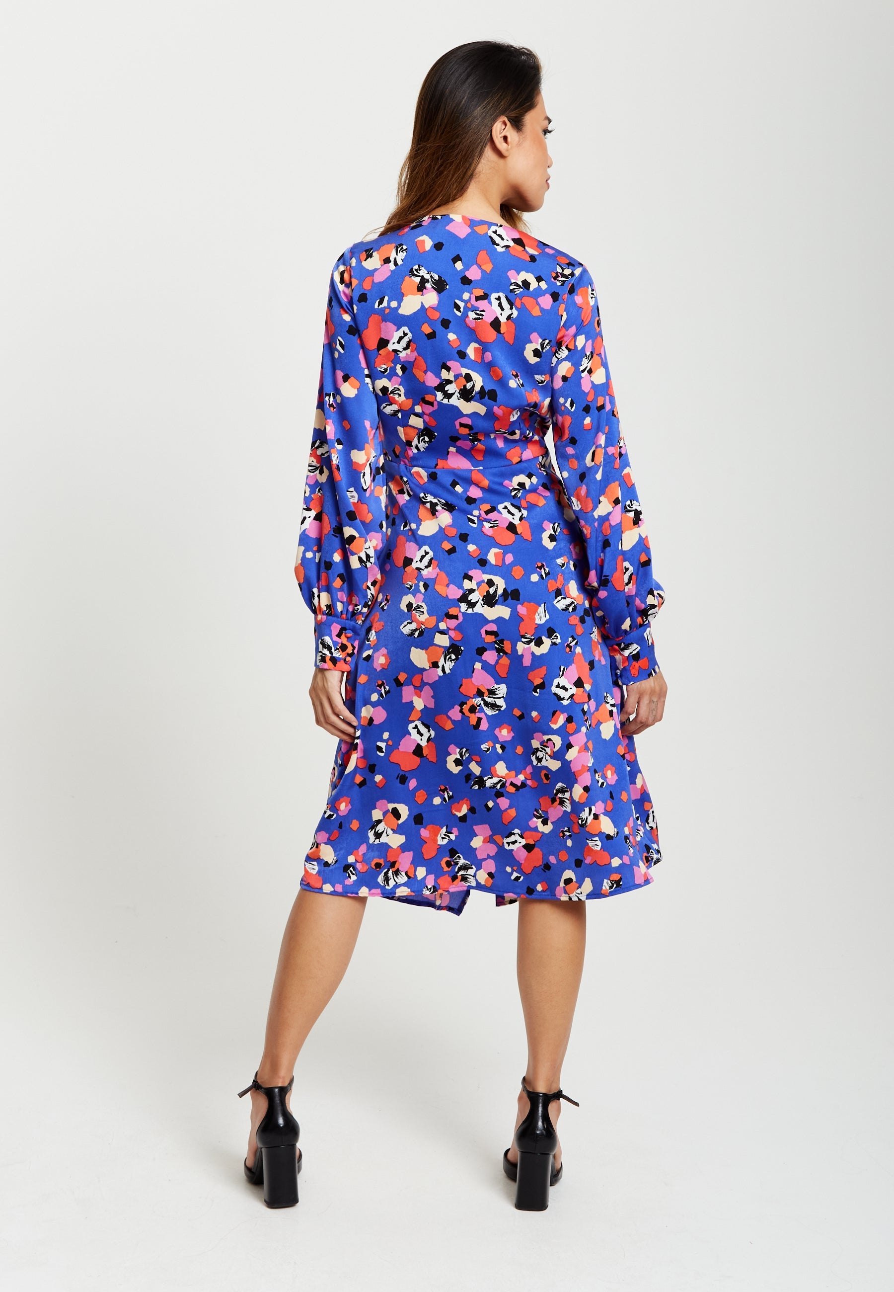 Women's Midi Wrap Dress with Long Balloon Sleeves in Blue Multicolour Abstract Dot Print - Liquorish
