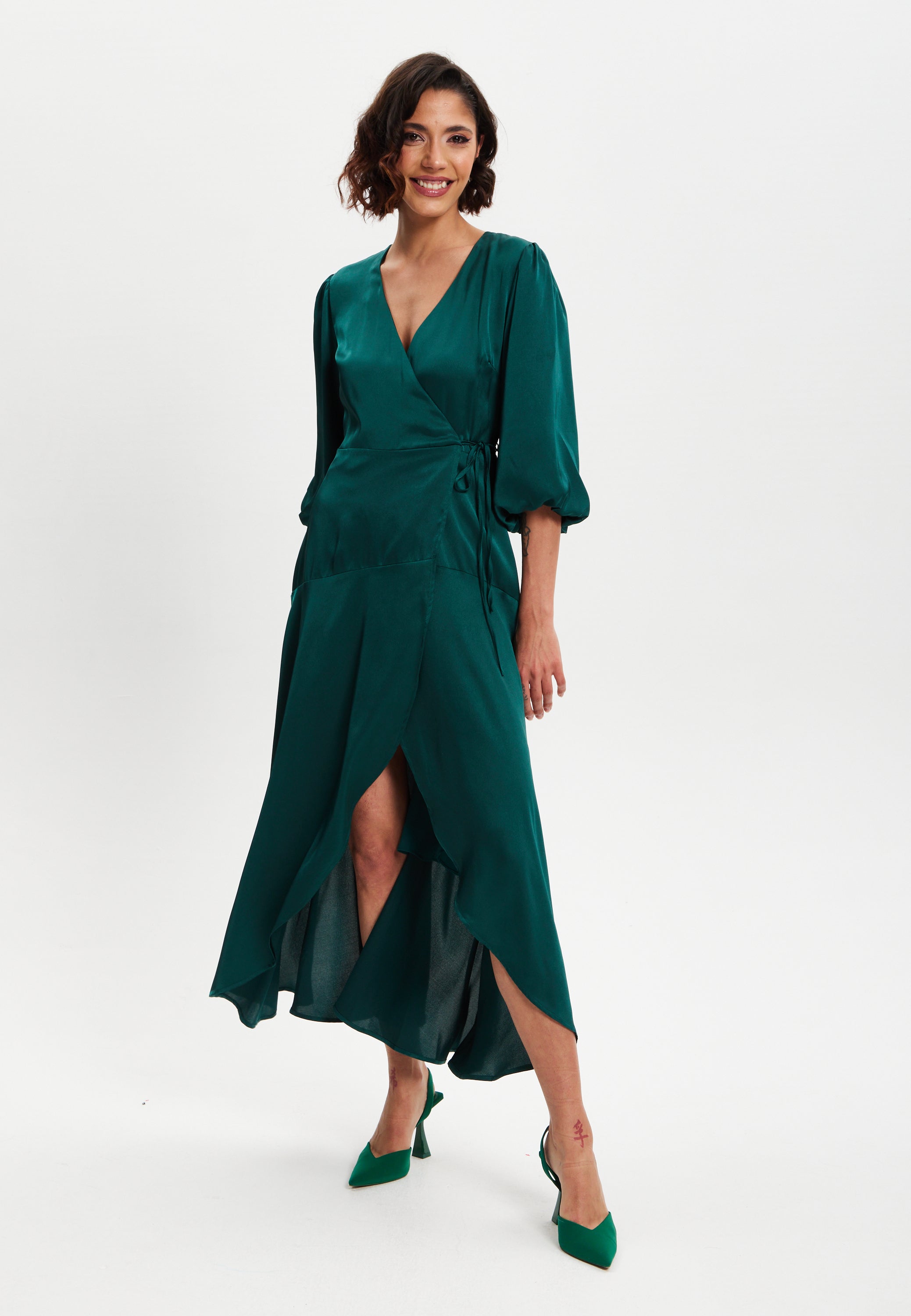 Women's Midi Wrap Dress in Dark Green with Short Puff Sleeves - Elegant Design by Liquorish
