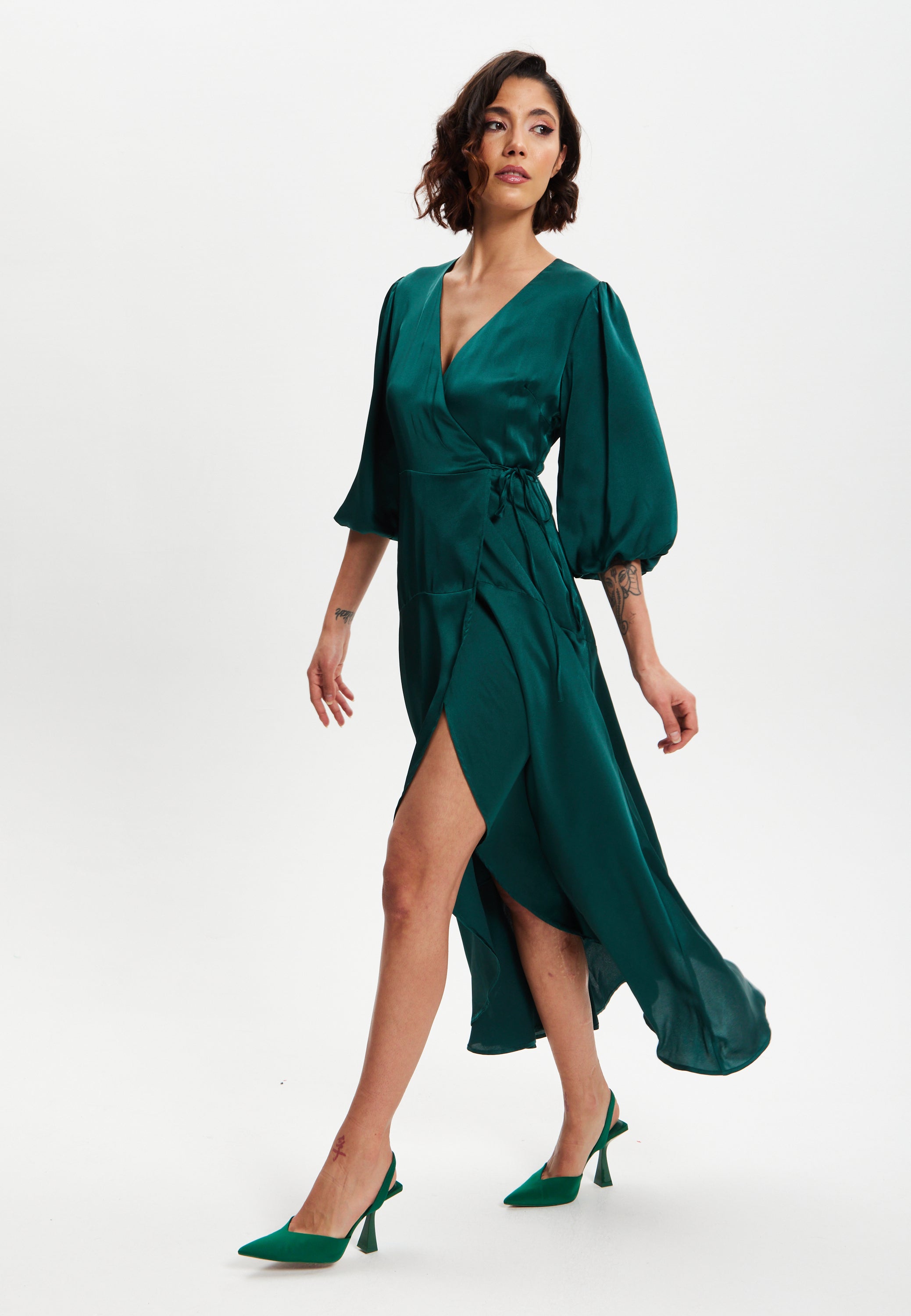 Women's Midi Wrap Dress in Dark Green with Short Puff Sleeves - Elegant Design by Liquorish