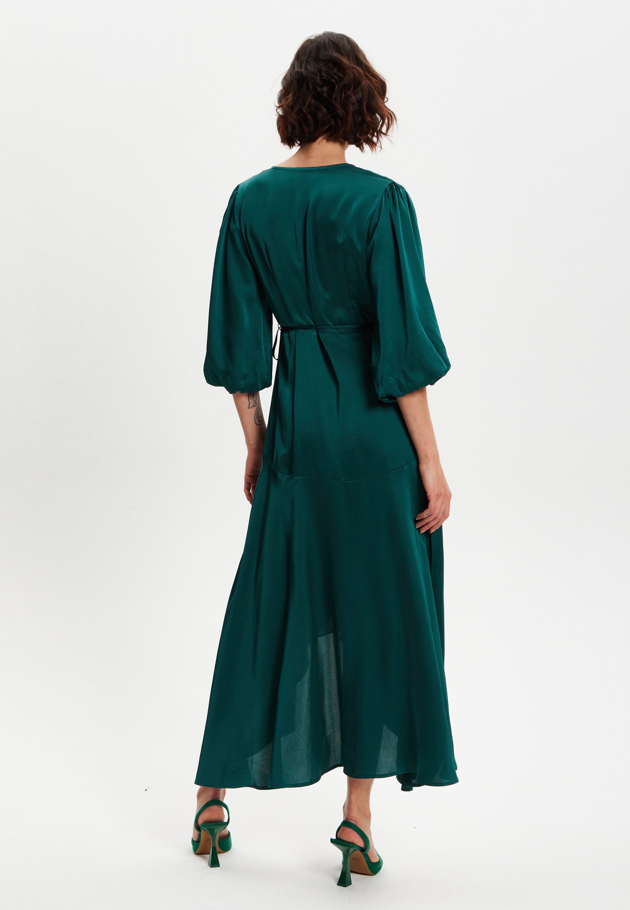 Women's Midi Wrap Dress in Dark Green with Short Puff Sleeves - Elegant Design by Liquorish