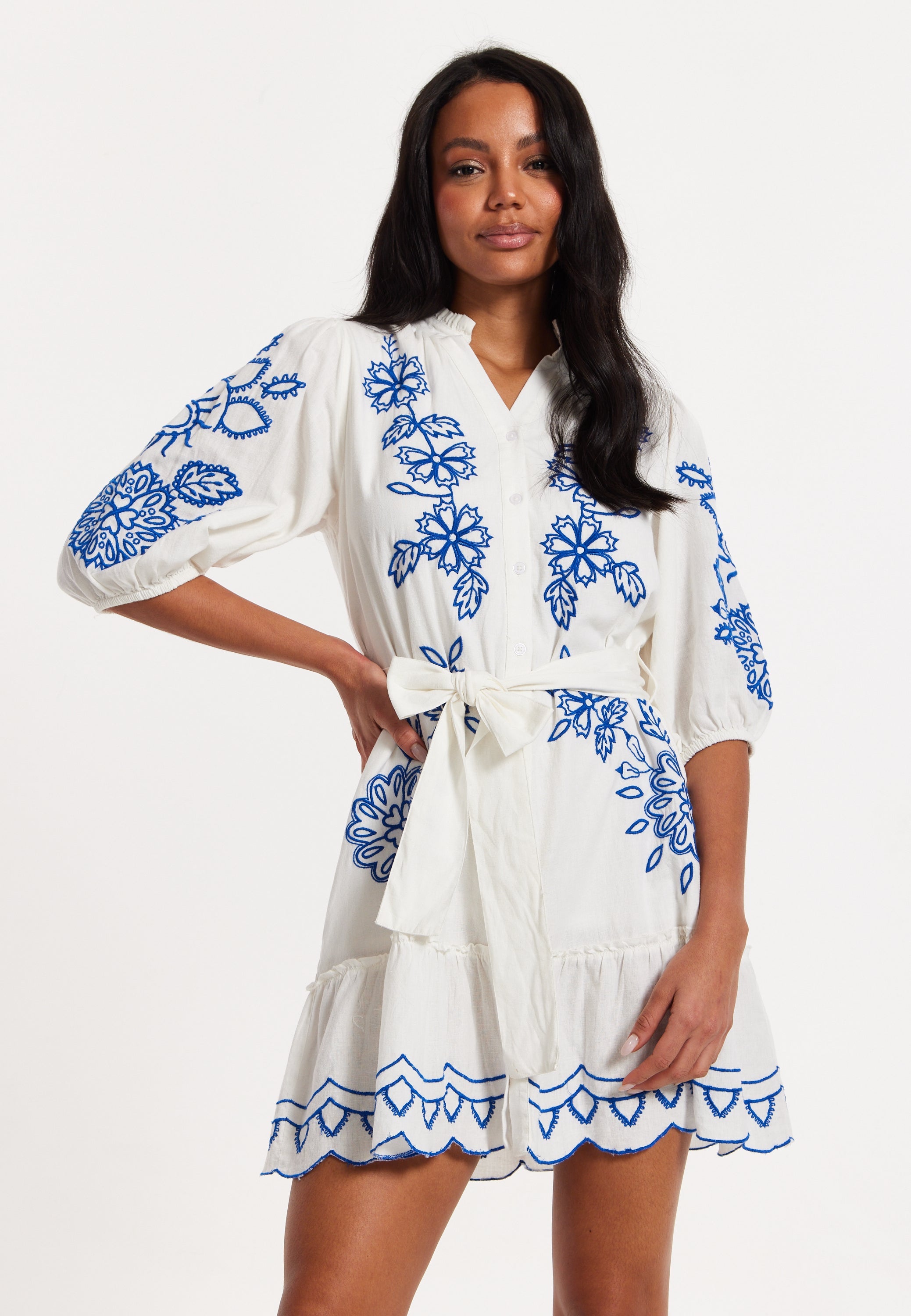 Blue Embroidered Belted White Mini Dress