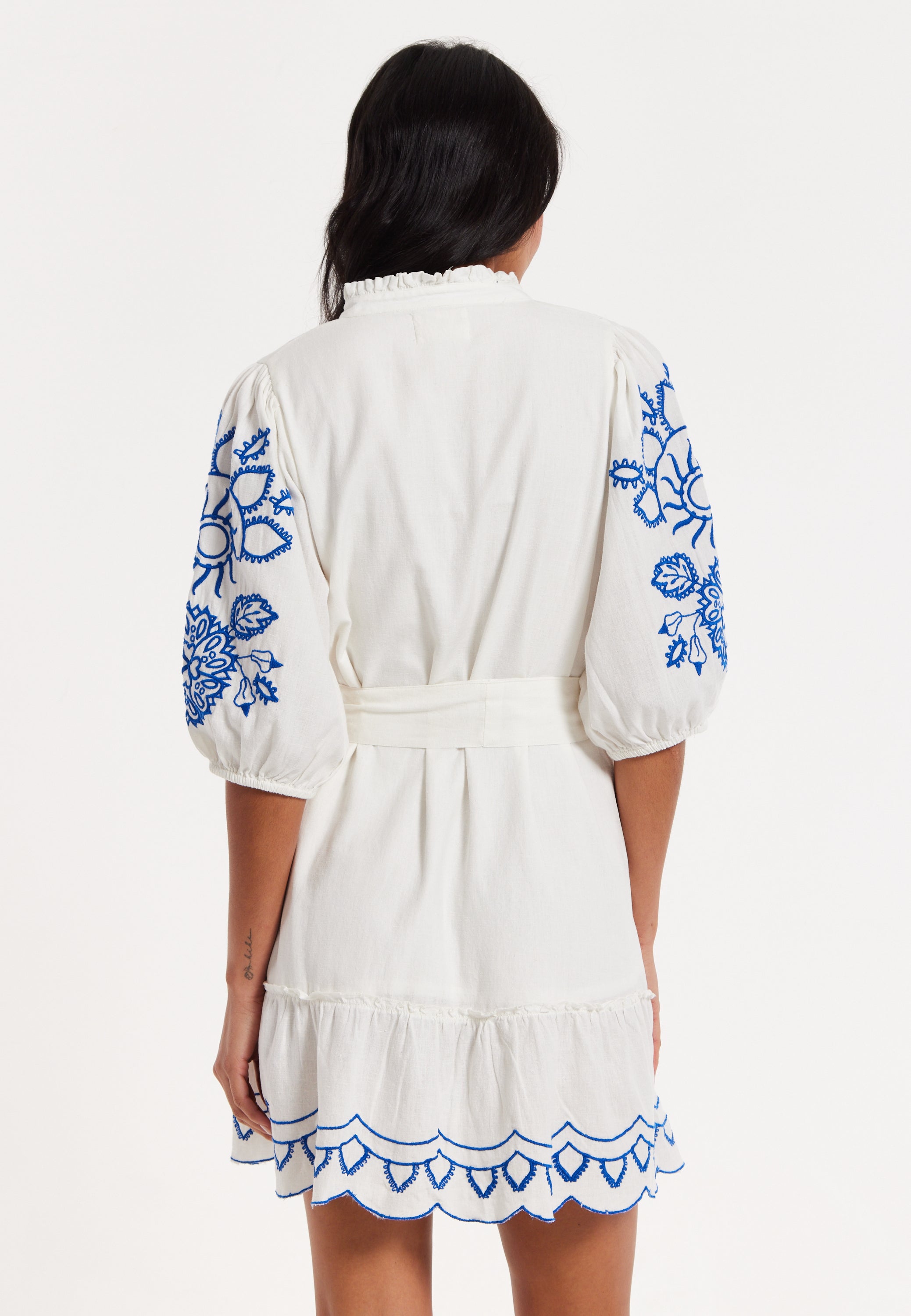 Blue Embroidered Belted White Mini Dress