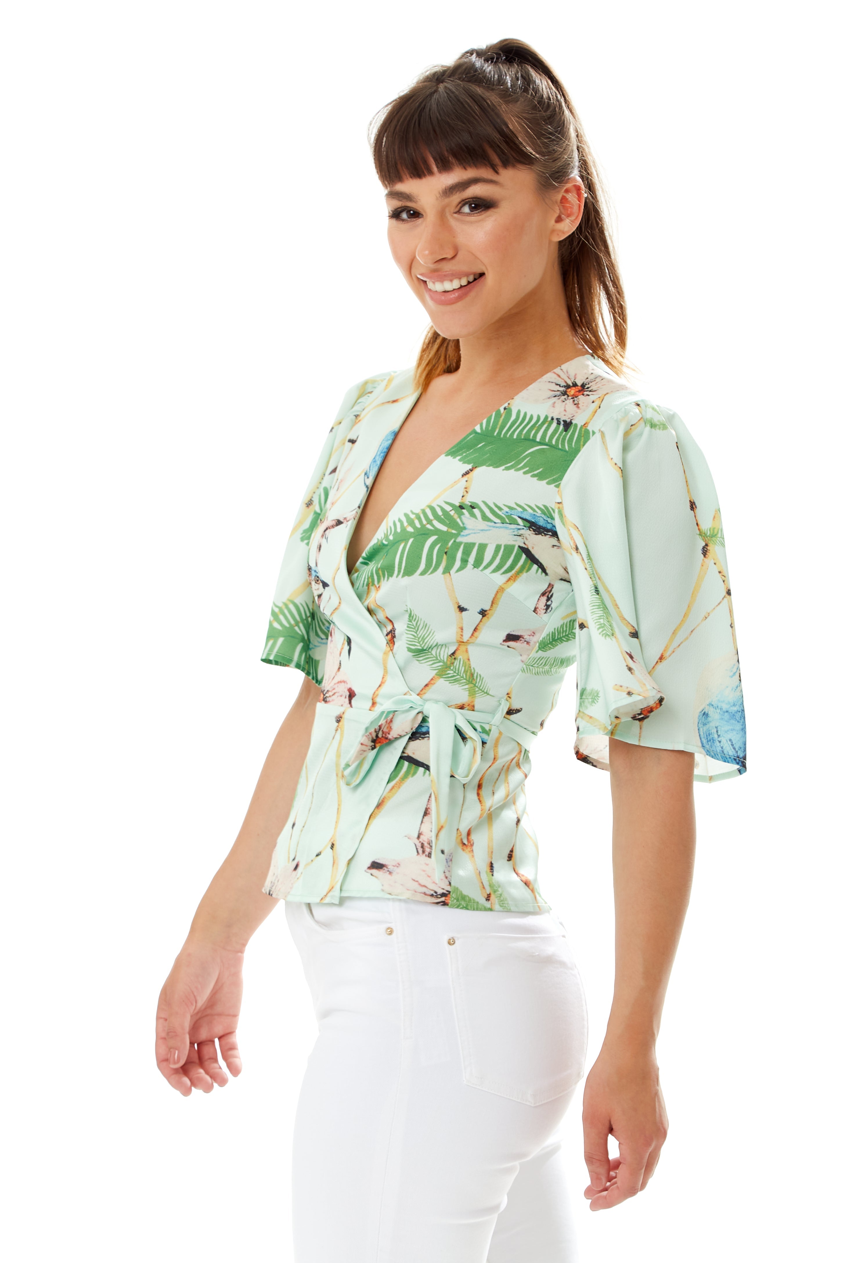 Women's Bird Print Wrap Top with V Neck, Mint Green, Cross Over Front, Perfect for Summer, Regular Fit, Co-ord Set
