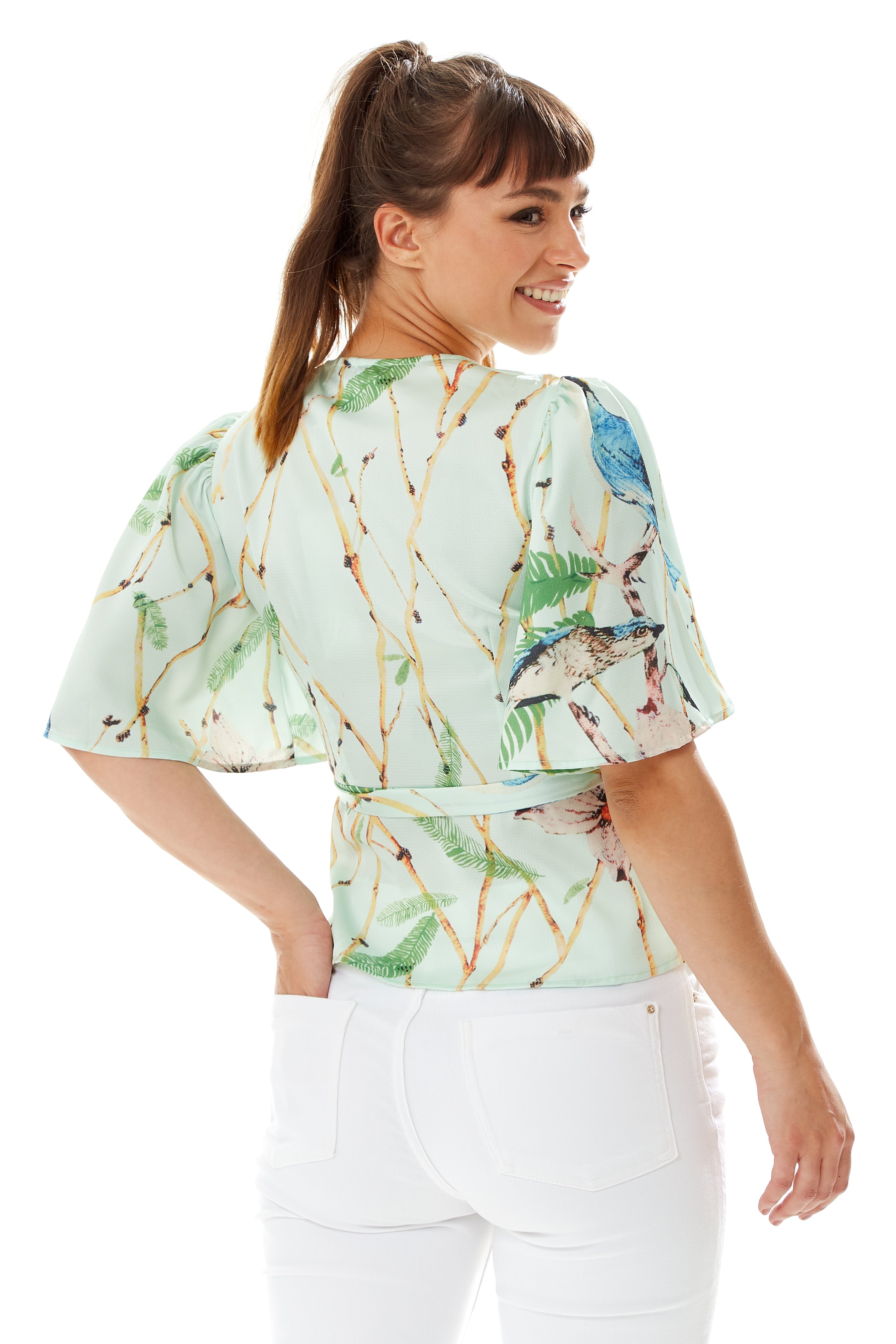 Women's Bird Print Wrap Top with V Neck, Mint Green, Cross Over Front, Perfect for Summer, Regular Fit, Co-ord Set