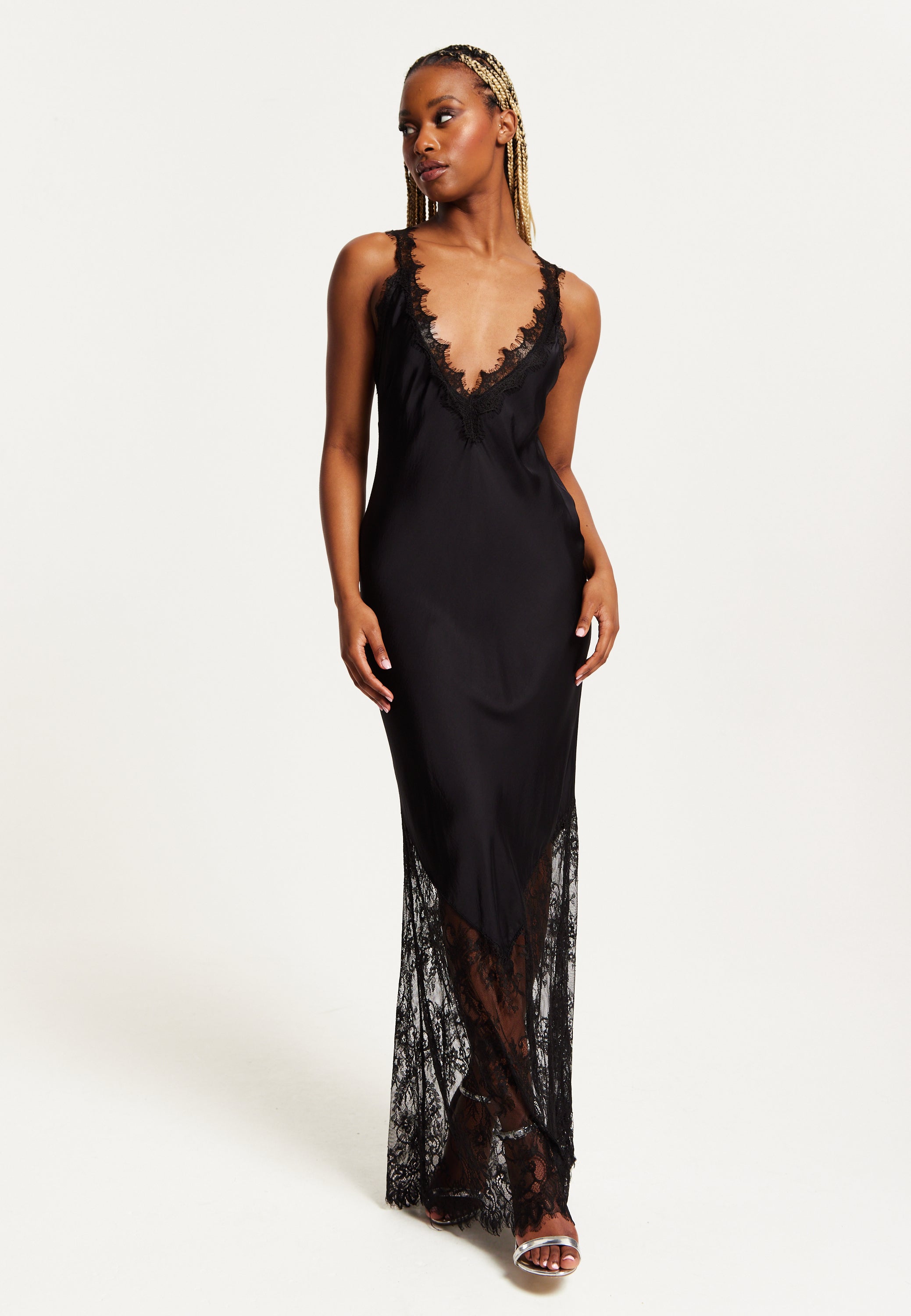 Women's Maxi Dress with Lace Detail, Deep V-Neck, and Flowing Silhouette in Black - Liquorish