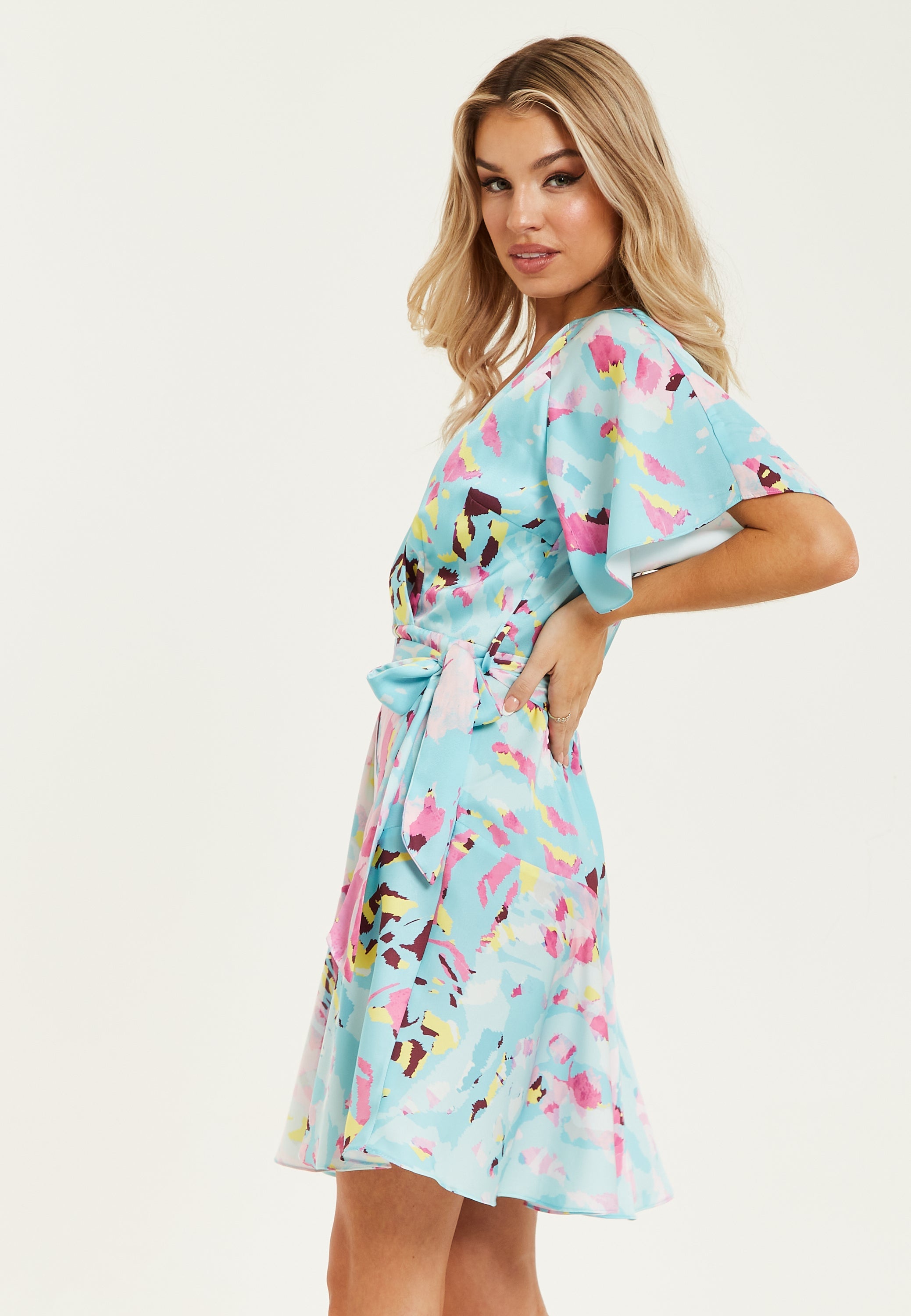 Women's Mini Dress in Blue with Short Sleeves, Abstract Print Wrap Style, Elegant Tie Waist - Liquorish