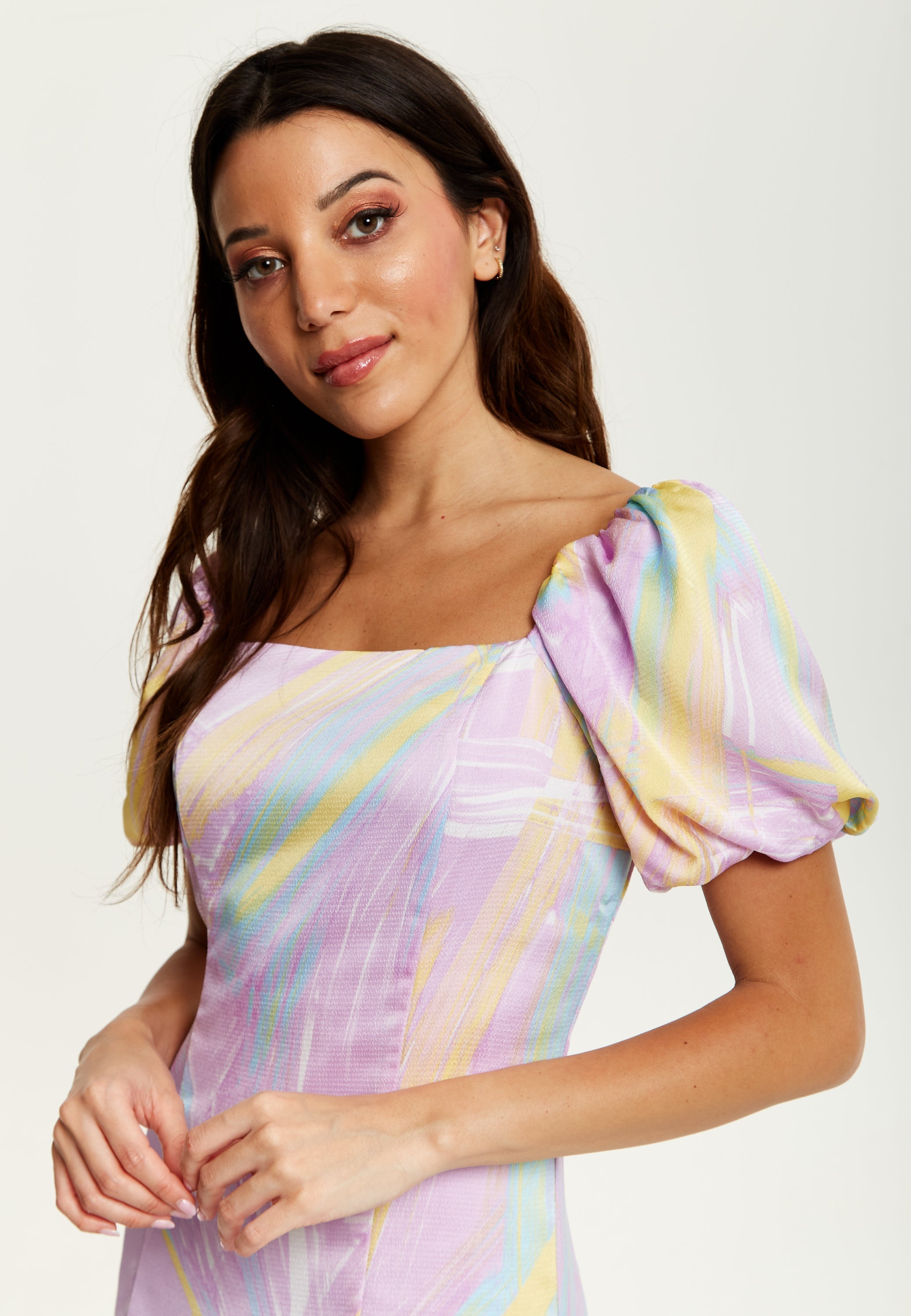 Women's Midi Dress in Lilac with Puff Sleeves and Square Neck - Liquorish