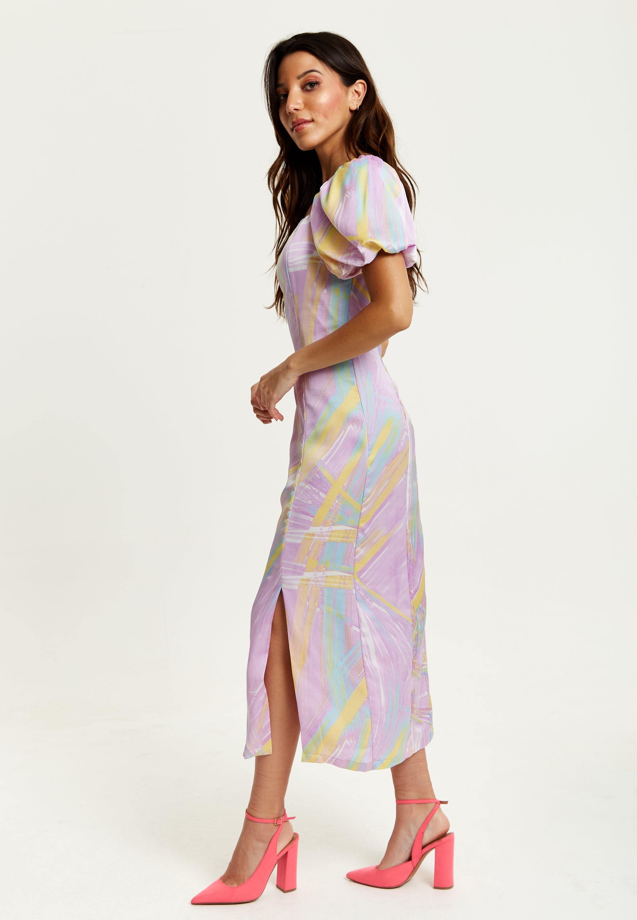 Women's Midi Dress in Lilac with Puff Sleeves and Square Neck - Liquorish