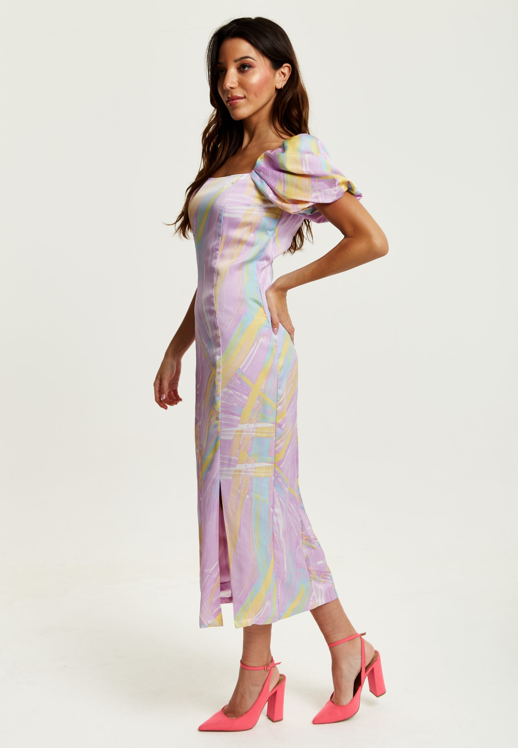 Women's Midi Dress in Lilac with Puff Sleeves and Square Neck - Liquorish