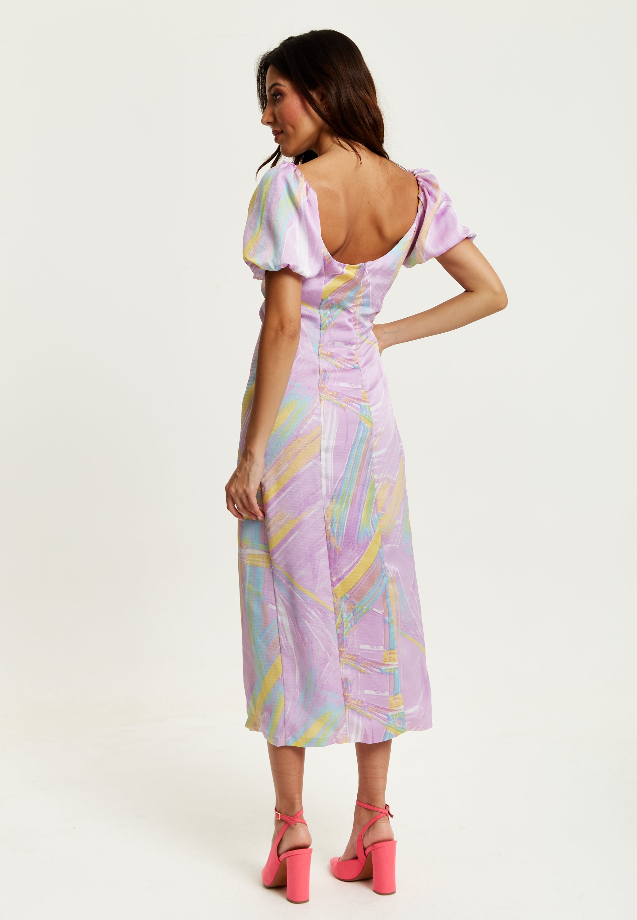 Women's Midi Dress in Lilac with Puff Sleeves and Square Neck - Liquorish